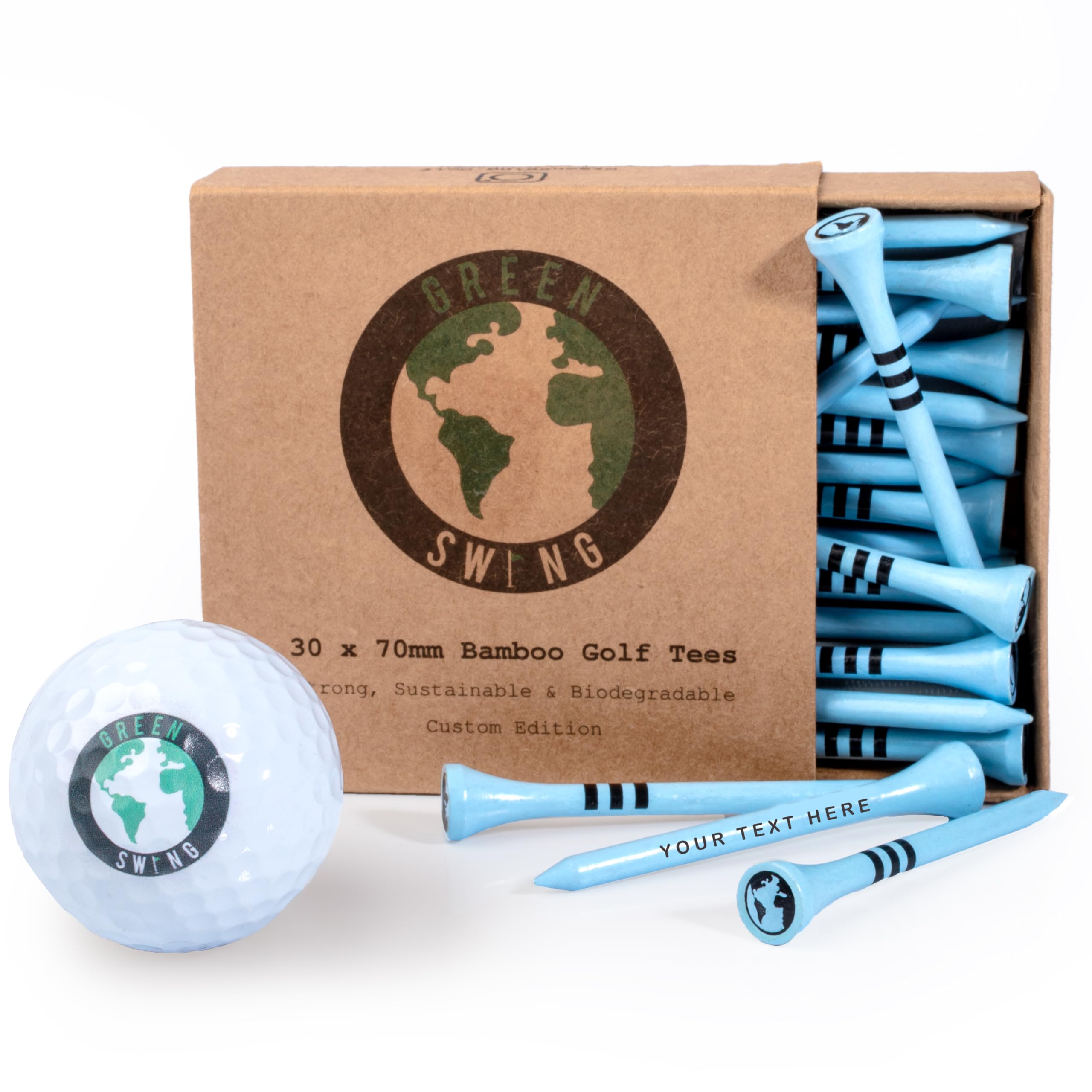 Green Swing Personalised Bamboo Golf Tees 70mm | Perfect For Gifting & Events | Choice of Colours & Quantity | Custom Golf Gifts (60pcs, Blue)