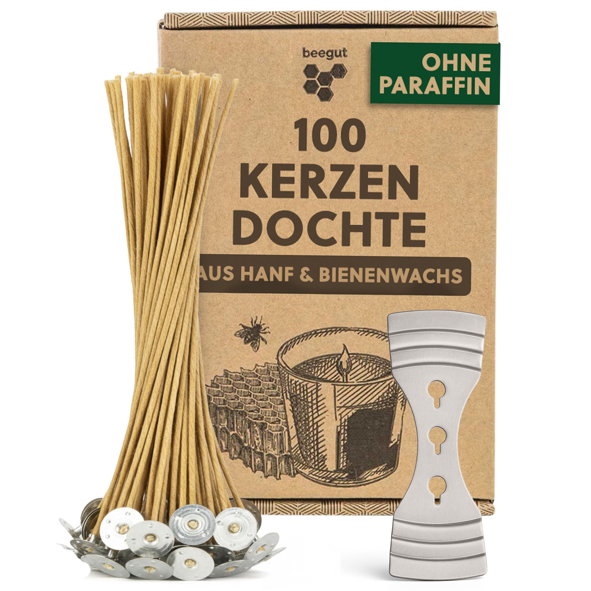 Beegut Light Sustainable Candle Wicks, 100 Pieces, 10 Cm, Hemp, Paraffin Free, With Wick Holder, Flame_wick, By