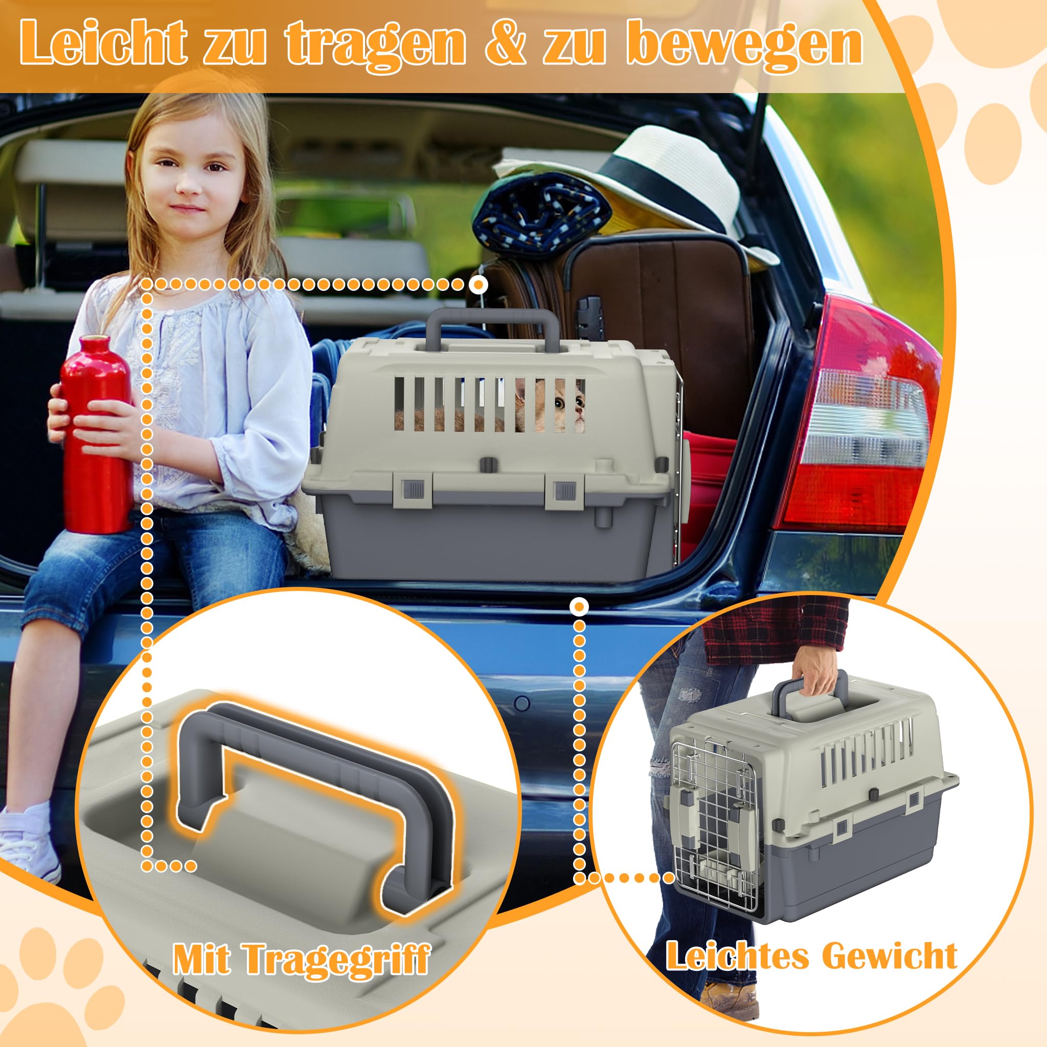 NAIZY Transportbox Hund, 60x39.5x44cm Hundtransportbox Reise & Transport Flugzeugbox mit Metall Tür und Lüftungsschlitze Fenster Hundbox Belastbar bis 9KG inkl. Pinkelpads Fressnäpfe Griff