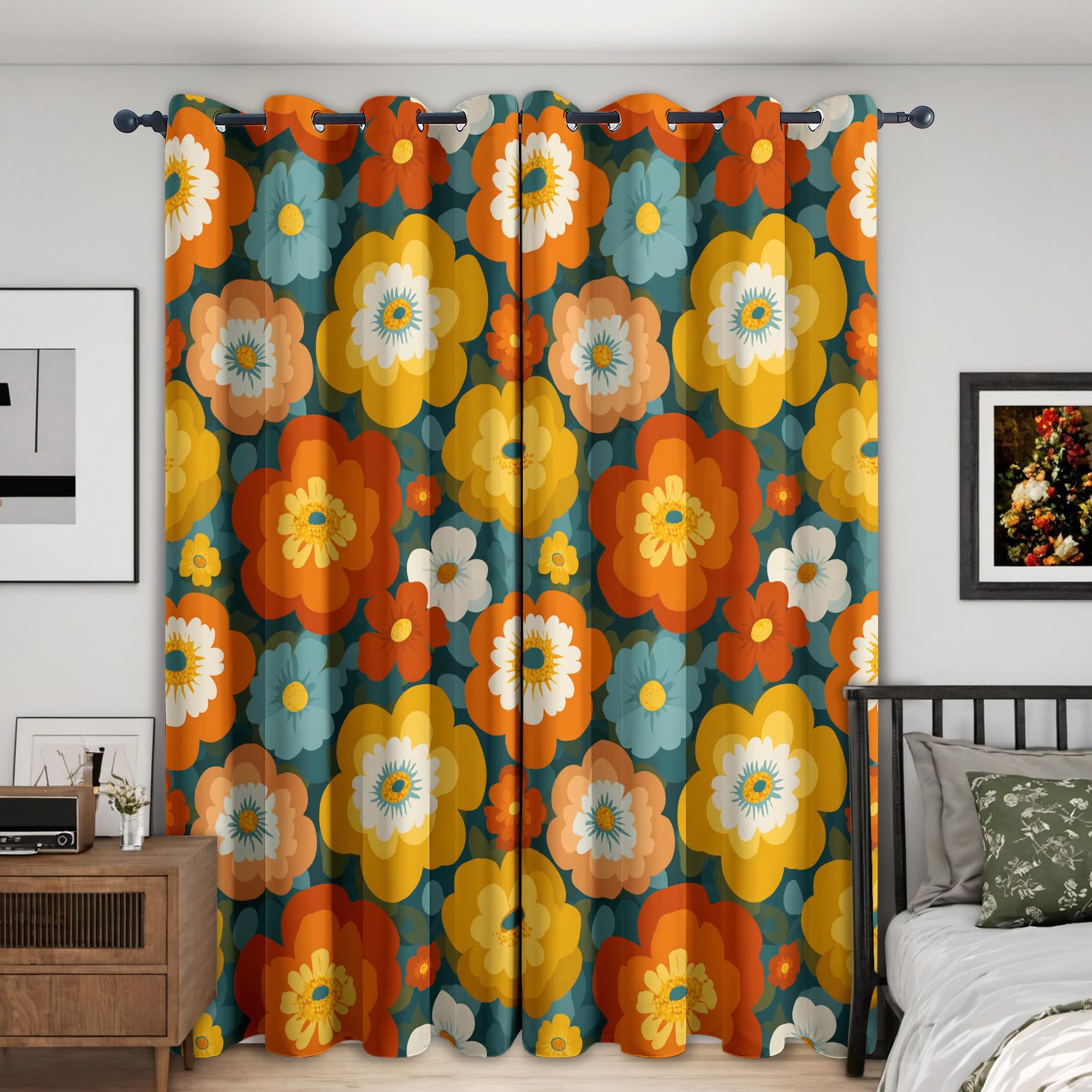 Rideaux Motif Groovy Florales - Rideau Occultant Bohème Fleurs Hippie, Lot de 2 Rideaux Imprimé, Decoration Chambre Salon Cuisine, Draperies Intérieurs à Oeillets L 140 x H 200 T&YE-2