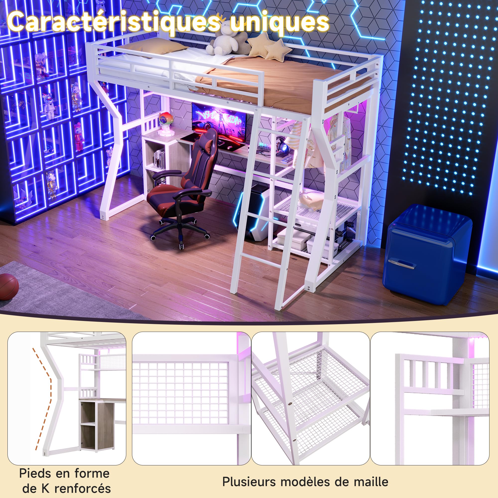 Lit Mezzanine Enfant 90x200cm avec Bande LED et Prise Électrique,Lit Superposé 1 Places en Métal avec Penderie,Bureau, Rangements,Étagères,Cadre de Lit Simple per Ado,sans Matelas,Blanc