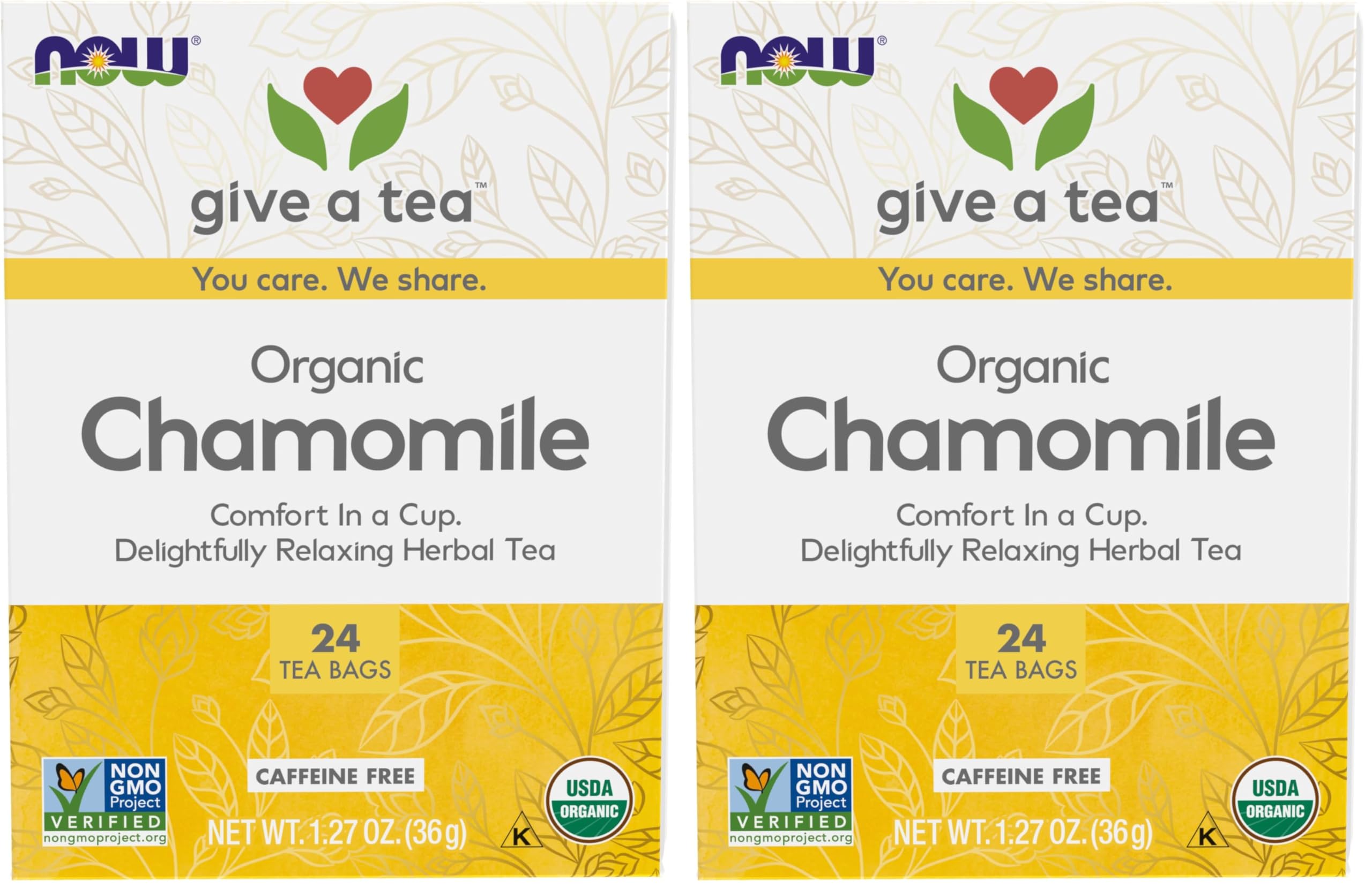 NOW Foods, Chamomile Tea, Comfort in a Cup, Relaxing and Caffeine-Free, Non-GMO, Premium Unbleached Tea Bags with No-Staples Design, 24-Count (Pack of 2) Chamomile 24 Count (Pack of 2)