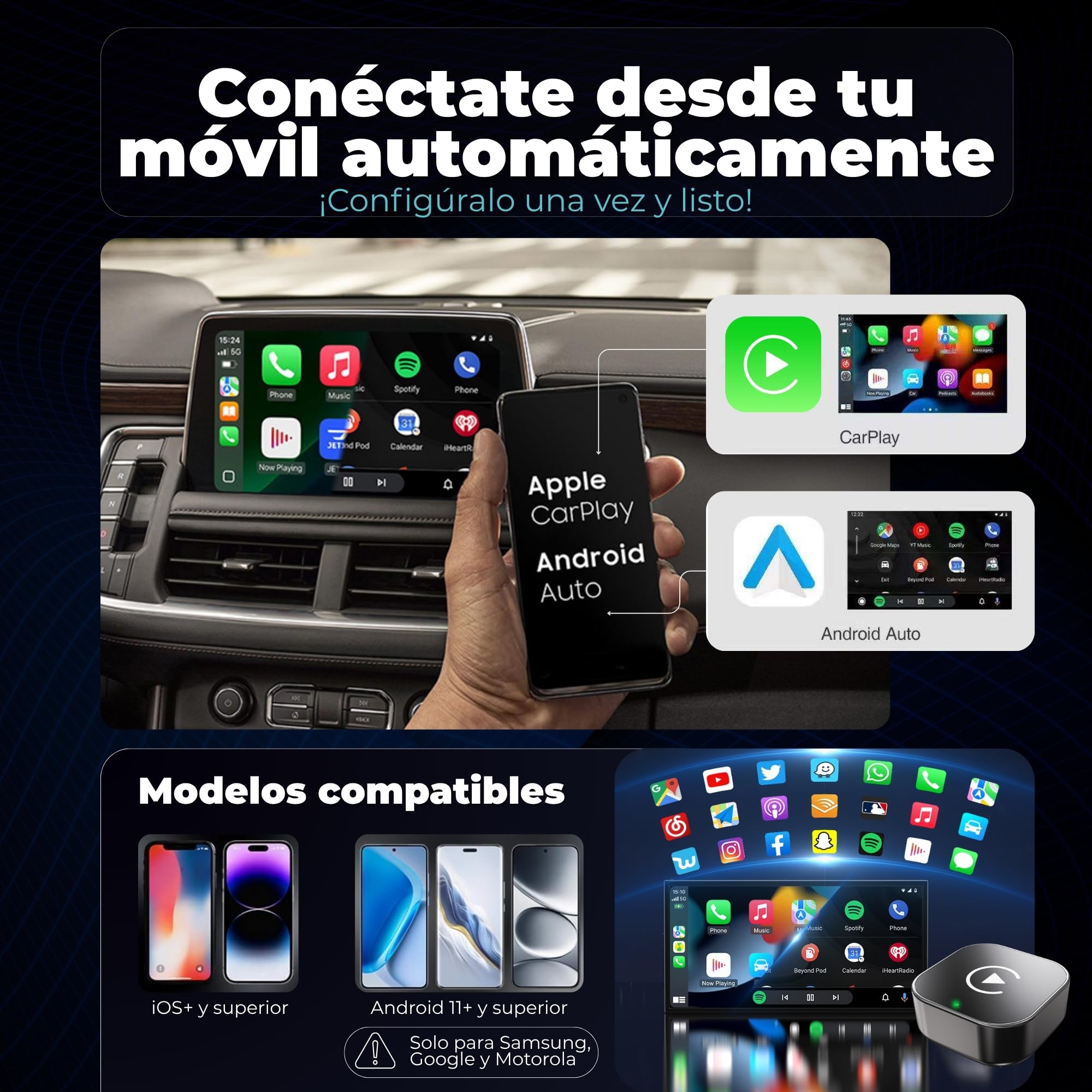 Tesorista Carplay Inalambrico 2 en 1 Mini (Versión 2026) – USB Plug & Play, Reconexión ~3 s, USB-A/USB-C y Dongle Rígido para Puertos Difíciles – Apple Carplay Inalambrico & Android Auto Inalambrico — view 6