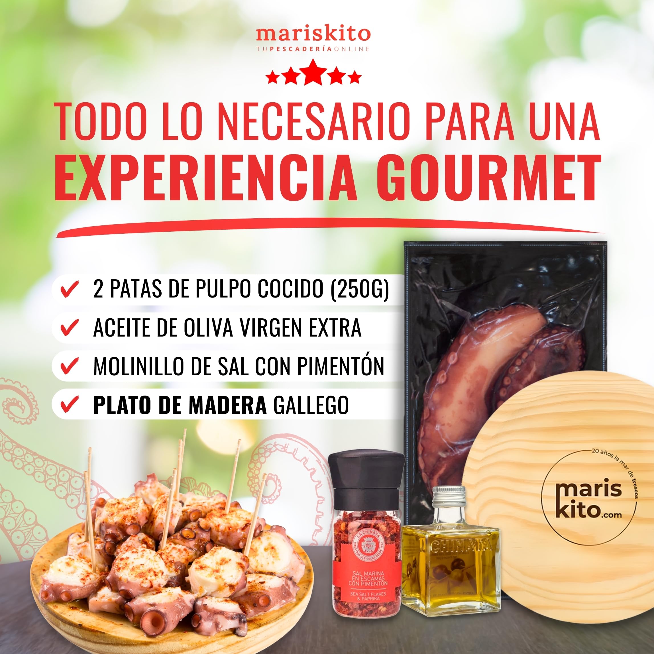 MARISKITO | Pack La Mar de Pulpeiros – Pulpo a la Gallega Cocido - Plato de Madera para Servir Tapa – Aceite Oliva Virgen Extra y Sal Escamas con Pimentón de la Vera Gourmet - Cocinar Receta en 5 min