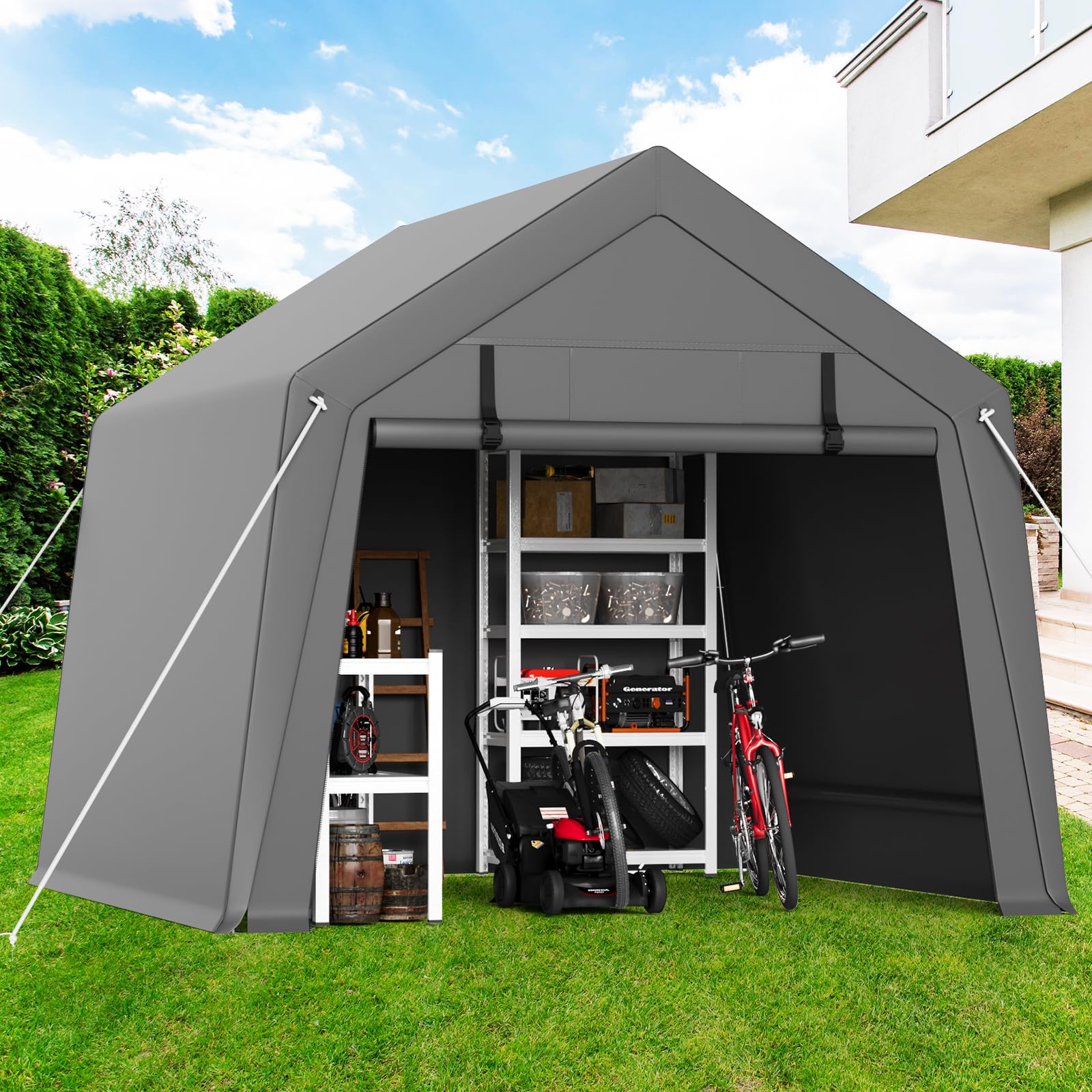 Garden Storage Shed Tent, 3M*3M Outdoor Shelter with Vents & Roll-Up Zipper Door, Waterproof Anti-UV Portable Garage with Metal Frame, Carport for Motorcycle, Bike, Garden Storage, Firewood