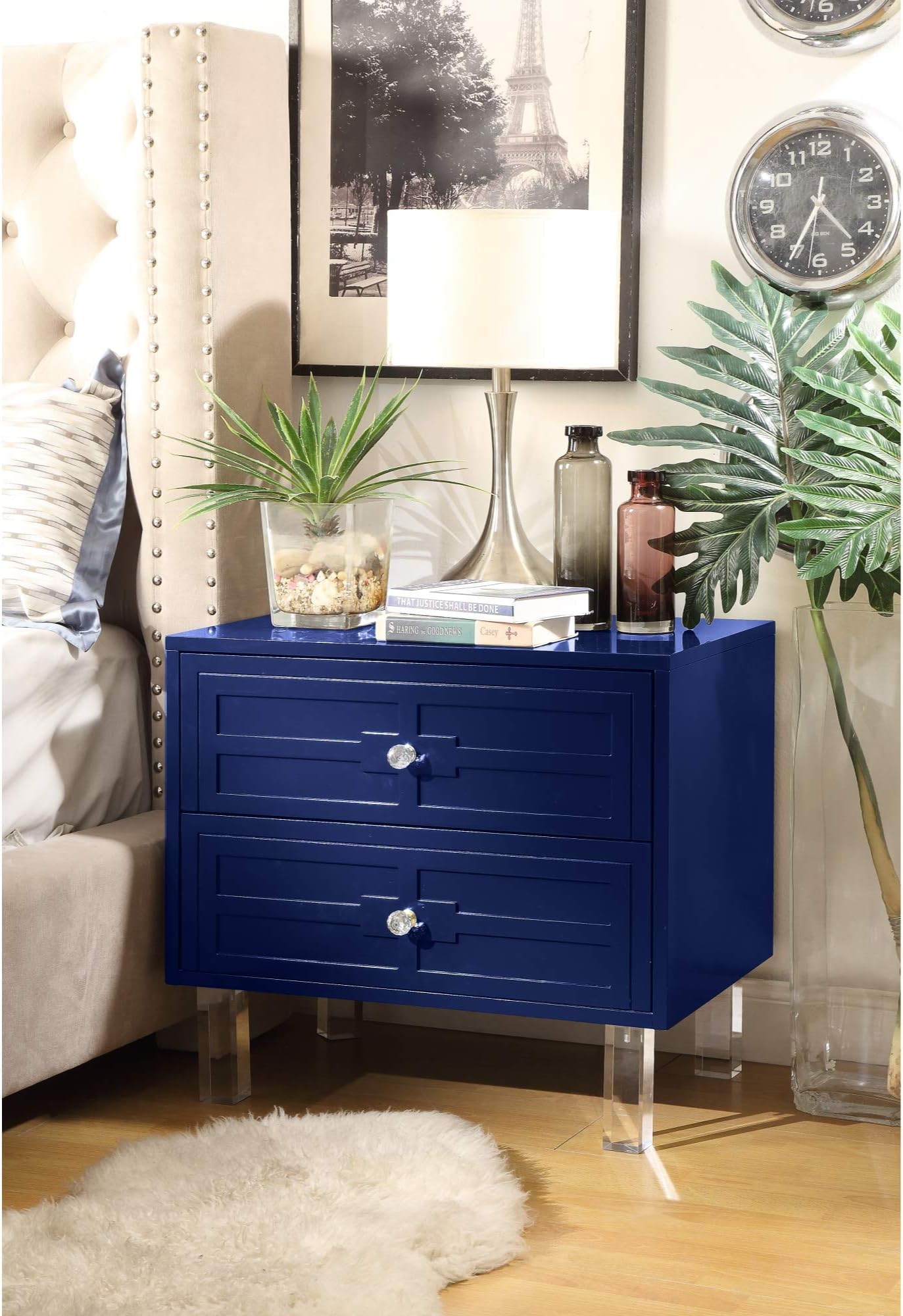 Inspired Home Navy Blue Nightstand - Design: Donatello | 3-Drawer | Side Table | Acrylic Legs | Lacquer Finish