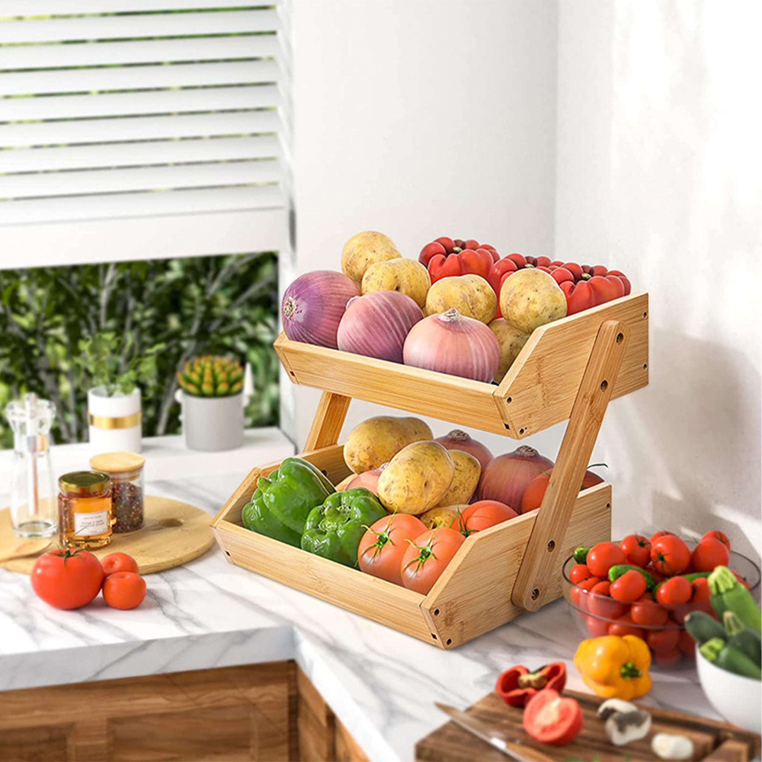 Relaxdays Etagere de bambú para fruta, 2 niveles, 26,5 x 30 x 25 cm, bandeja para frutas, verduras y repostería.