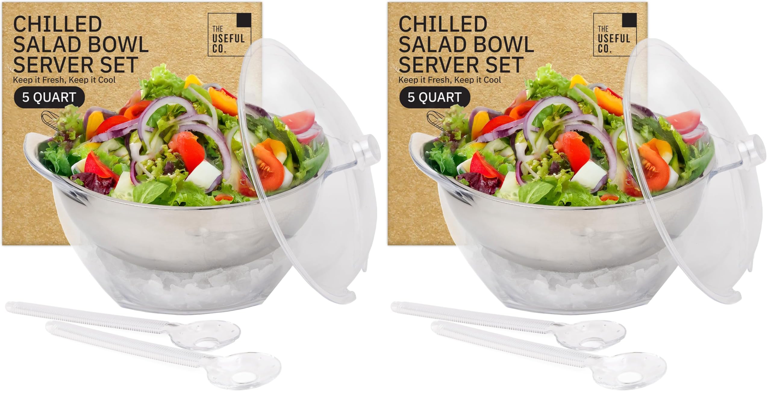Useful Co. 5QT Salad Bowl Set on Ice, Large Salad Bowl with Lid &amp; 2 Servers, Chilled Tray for Cold Food, Party Buffet, Platterbox with Ice, Chilled Serving, Cold Food Buffet Server (Pack of 2)