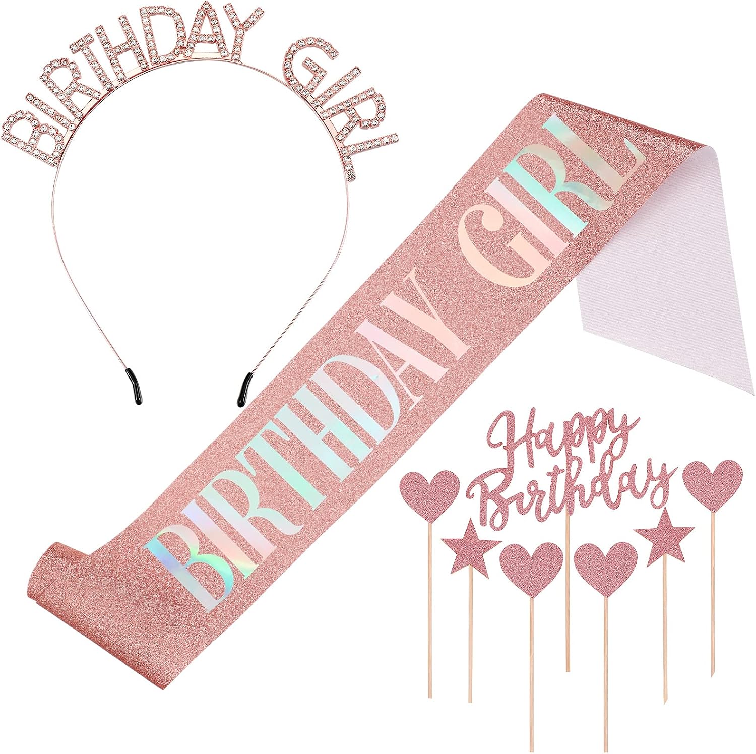 Birthday Tiara and Sash Kit Girls Birthday Sash Rhinestone Glitter Birthday Crown Headband 11 Pieces Happy Birthday Cake Toppers for Birthday Party Favors Supplies Decorations (Rose Gold)