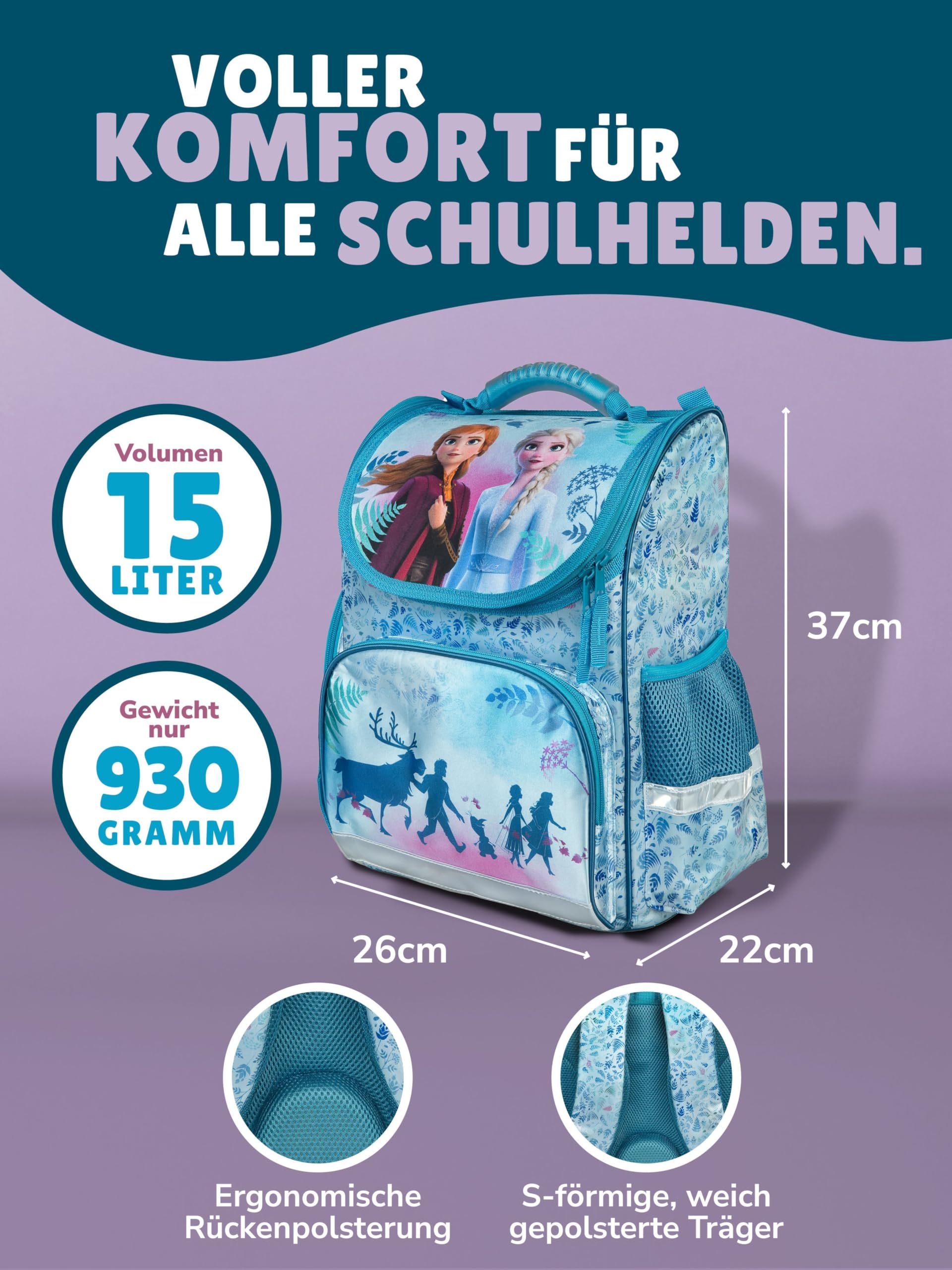 Familando - Schulranzen Set CLOU - 9-teilig mit Sporttasche - Disney Eiskönigin (Frozen) - Ergonomisch, Stabil & mit gepolstertem Rücken - 930g leicht - 15L Volumen - Mit Reflektoren - ab 1. Klasse