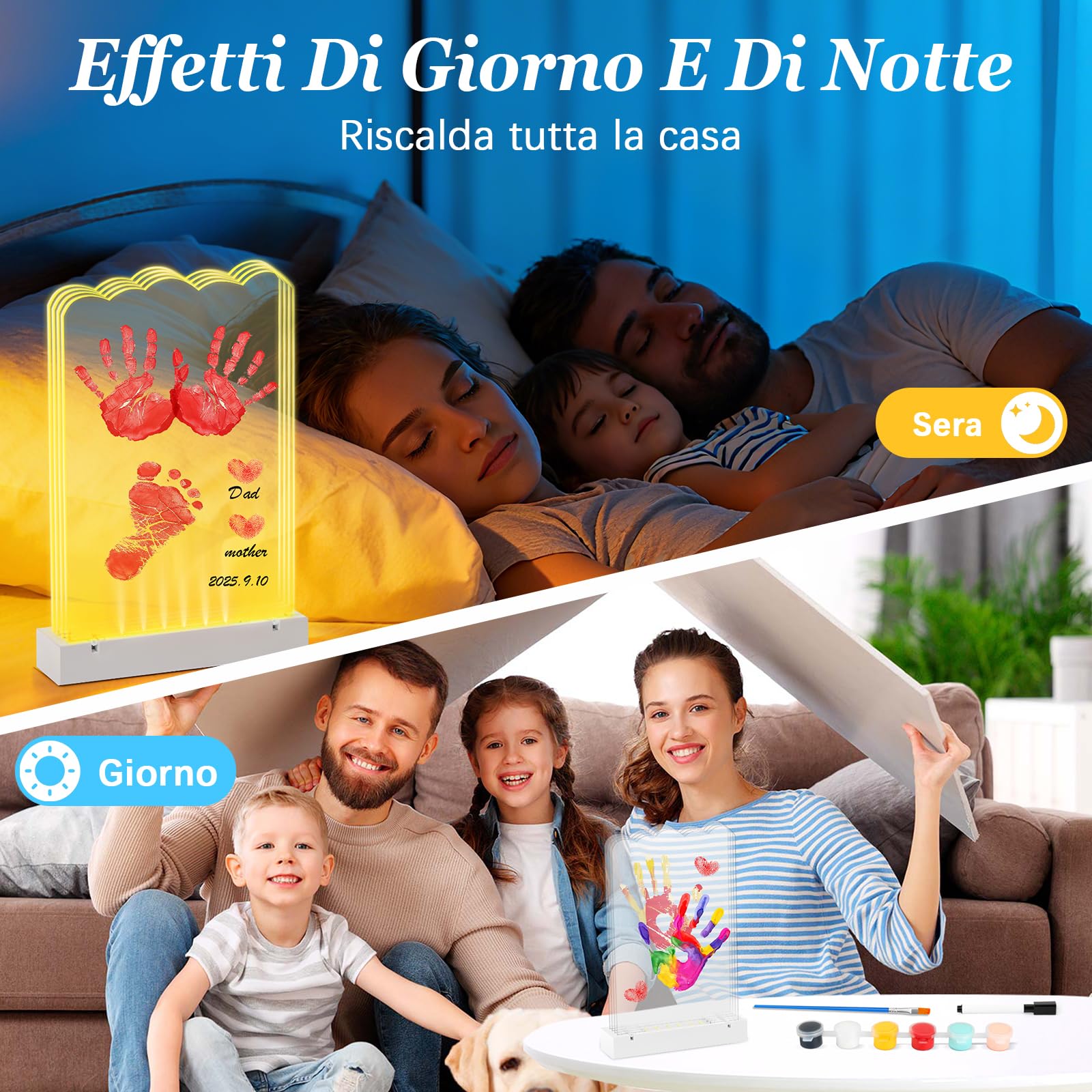Herefun Kit Impronta Mani e Piedi Neonati per 4 Persone, Kit Impronte Mani Famiglia Con Base LED Illuminata, Neonati Ideale Regalo per Nascita, Nuovi Genitori, Battesimo Bimbo (A)