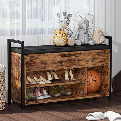 Miniatura 5 de IRONCK Banco de almacenamiento de zapatos, banco de entrada con caja de almacenamiento con tapa abatible, banco de metal y tablero para entrada,