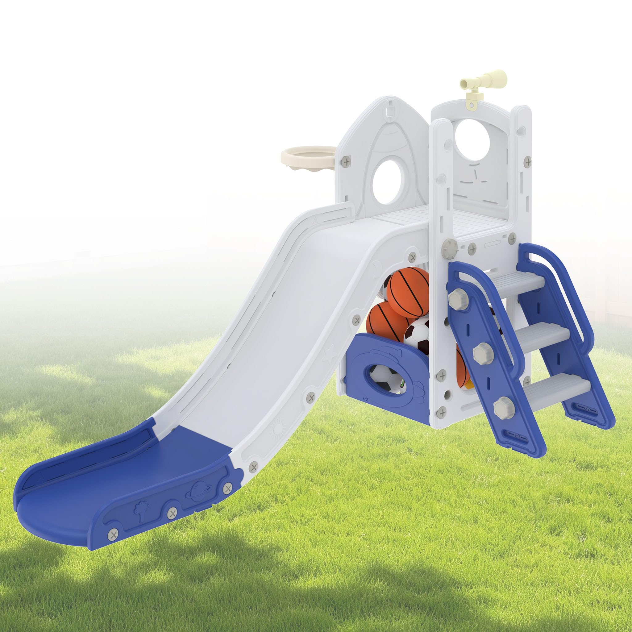 Aufun Scivolo 4 in 1 per bambini, set da gioco multifunzionale con scivolo, cestino da basket, vano portaoggetti, scala da arrampicata, montaggio senza attrezzi, stabile giocattolo autoportante