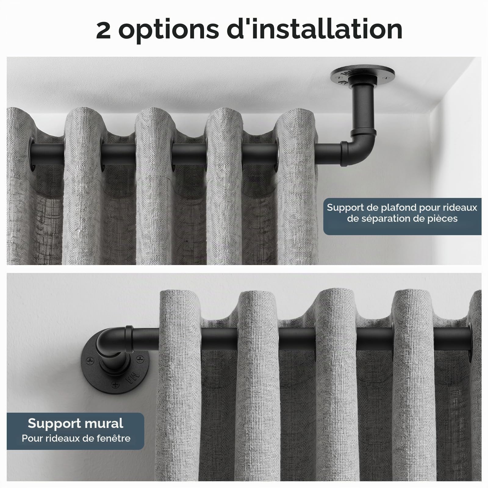 Tringle à rideaux pour rideaux à œillets, 80-367 cm, Noire, Tringle en métal 25 mm de diamètre, Réglable, Style industriel, Rails de rideaux intérieur/extérieur pour chambre à coucher, salon