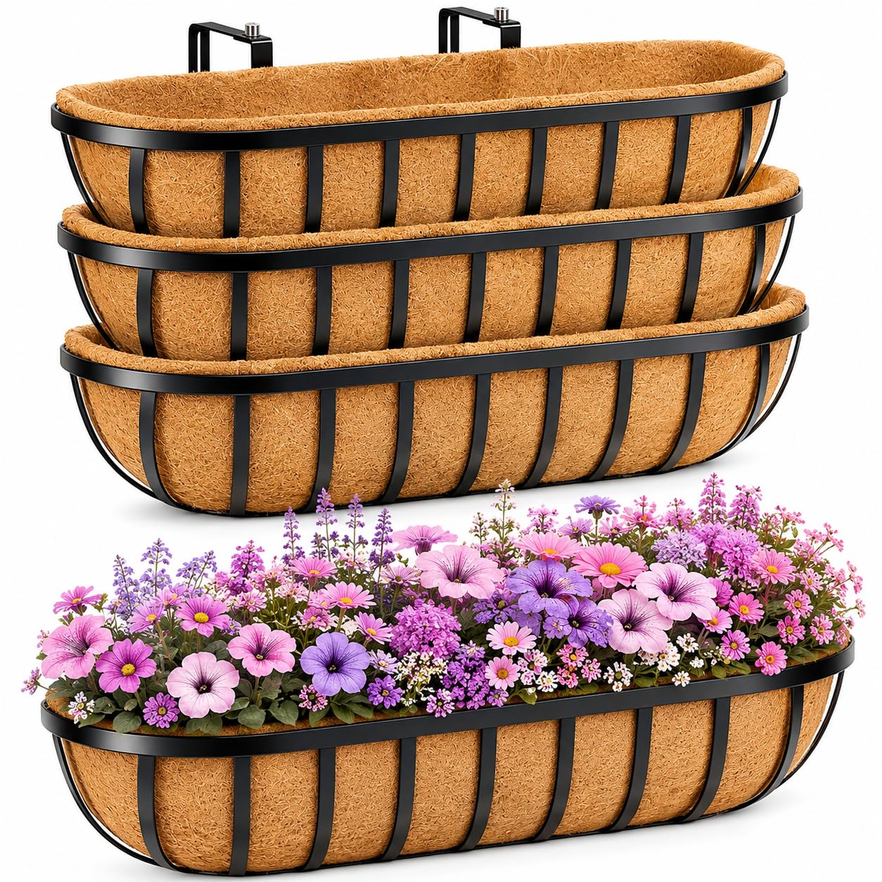 HFHOME 4Pcs 76.2cm/30in Large Wall Trough Rail Planters,Heavy Duty Metal Planter Box with Coconut Coir replacement,Gardening Kit for Window Box Porch Balcony & Outdoor Fences — image 1