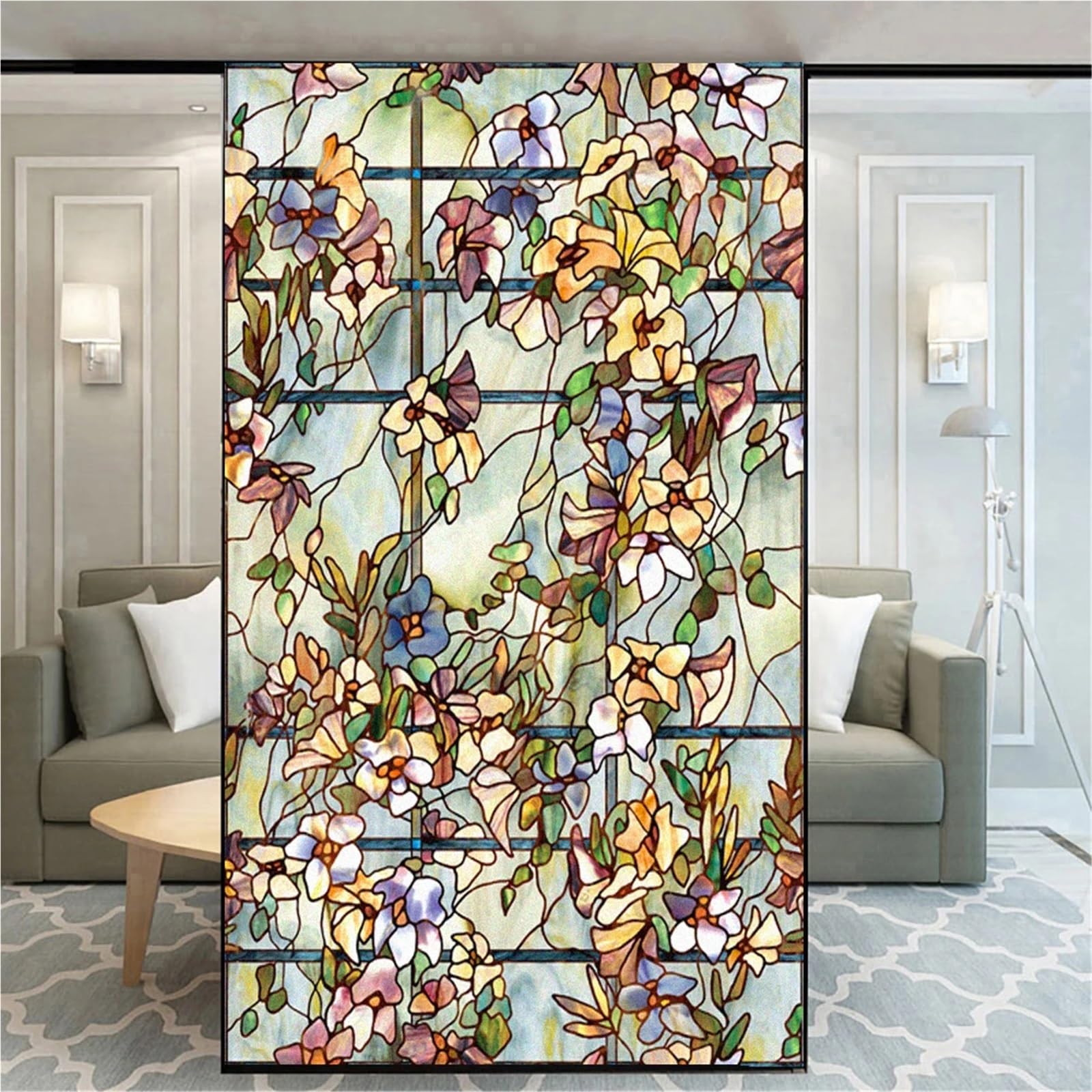 Fensterfolie Retro-Blumen-Fensterfolie, elektrostatischer Aufkleber, farbiges Glas, klebstofffrei, UV-beständig, hitzebeständig, Türaufkleber(90x150cm)