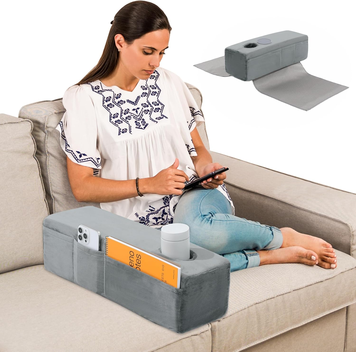 HOMBYS Removable Couch Armrest with Cup Holder,High Density Foam Couch Caddy with Storage?Remote Holder for Sofa,Removable Cover