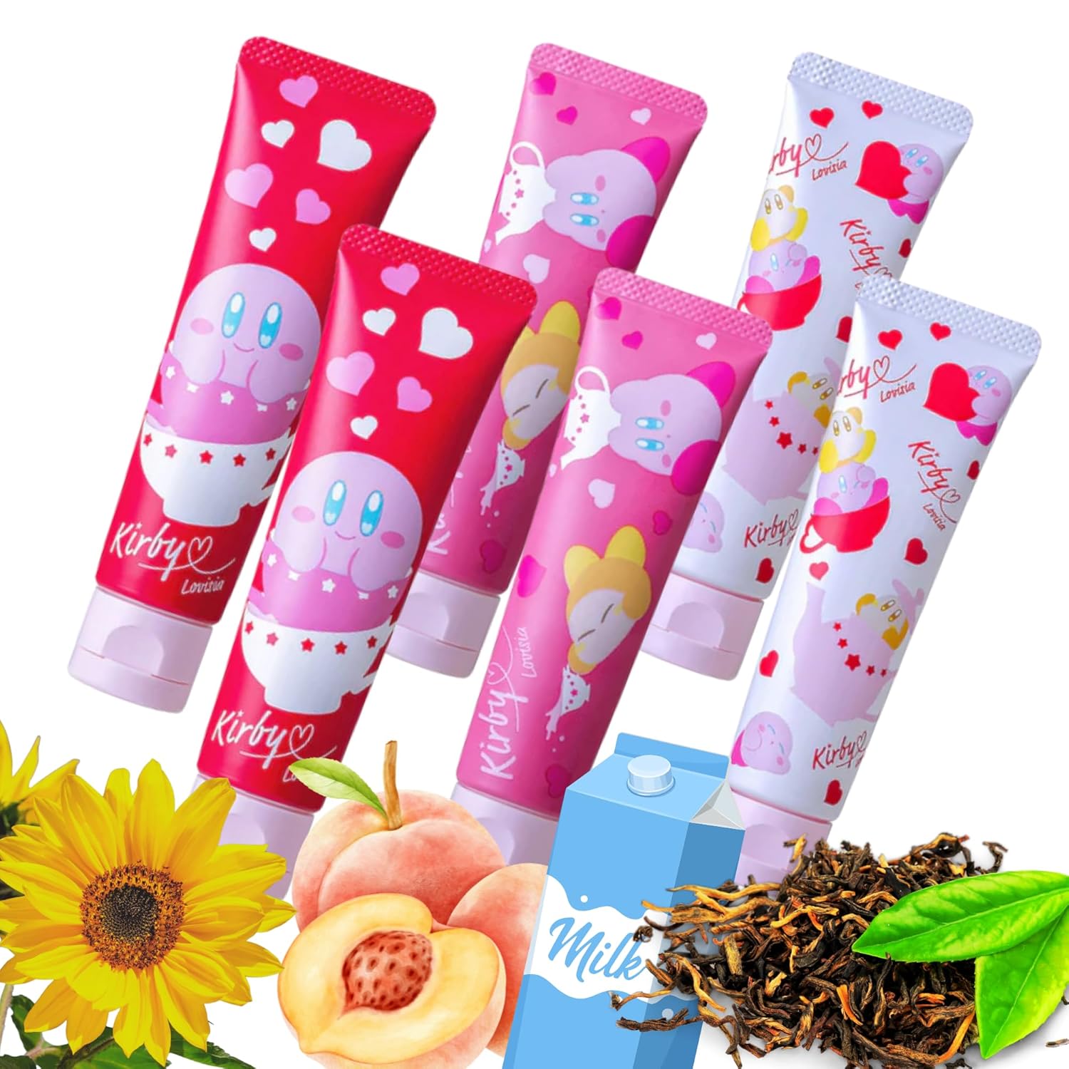 Kirby 6EA Cute Hand Cream for Women & Girls, Mini Hand Cream for Dry Cracked Hands with Sunflower, Rose& Camellia, Small Hand Lotion for Dry Hands Made in Japan, Black Tea+ Peach Tea+ Milk Tea