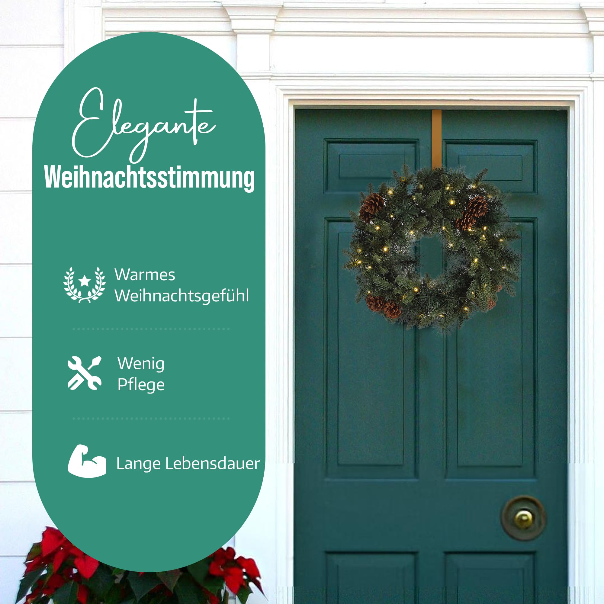 MeisterHome ® Künstlicher Weihnachtskranz Adventskranz für Tür Ø 50 cm - Weihnachtlicher Türkranz für Innen und Außen mit 35 LEDs, Timer und Kiefernzapfen-Beeren-Dekoration + Goldfarbener Aufhänger
