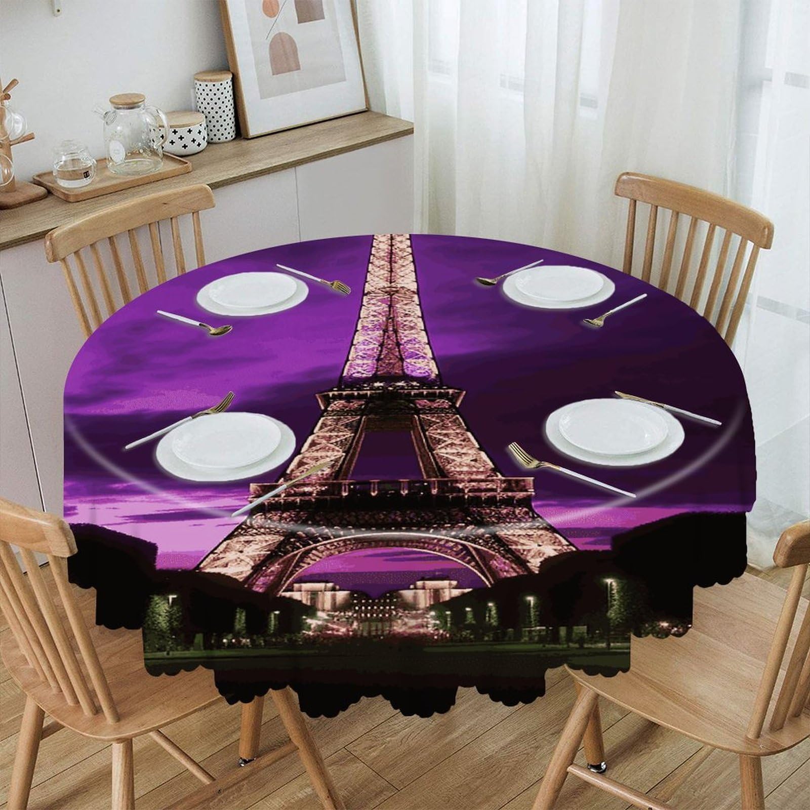 FekiLoot Purple Eiffel Tower Round Tablecloths 60 Inch Resistant Washable Polyester Table Cloth Style Decorative Circle Fabric Table Cover for Dining Kitchen Party Farmhouse Outdoor