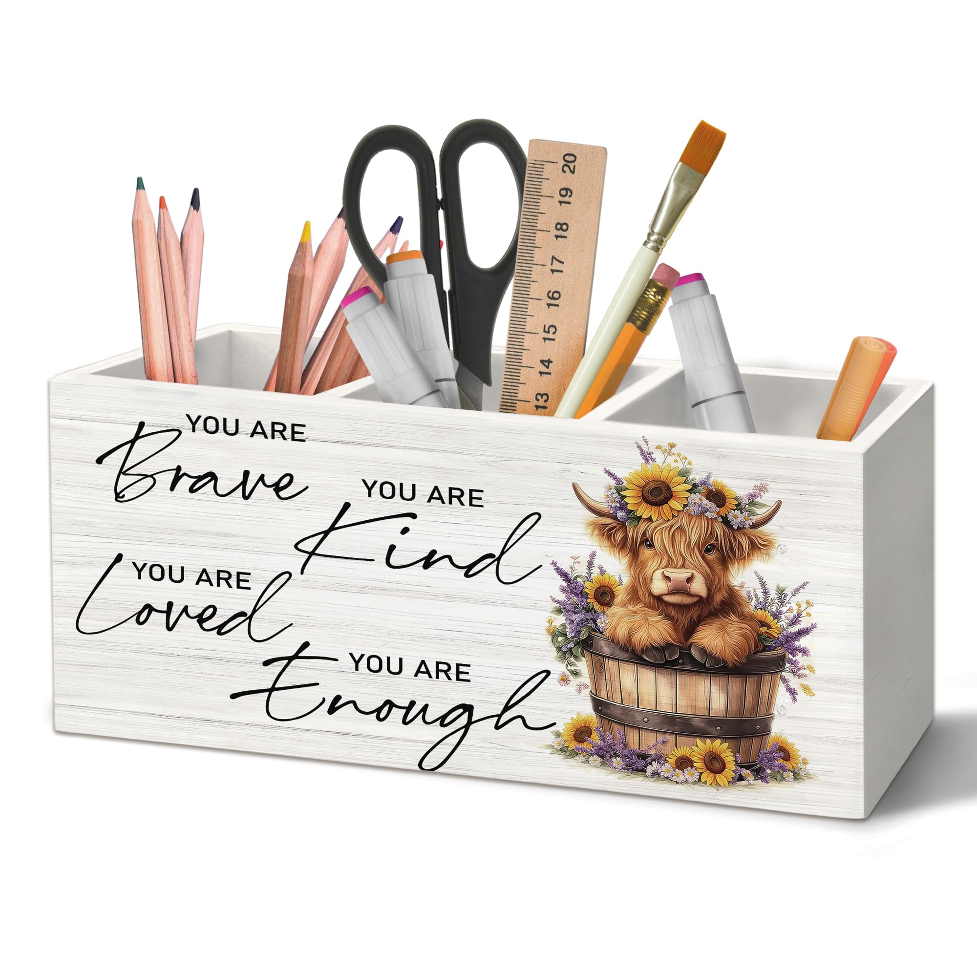 Portapenne con motivo floreale con mucca delle Highlands, per accessori da scrivania, regalo per donne, citazione positiva, scatola di legno di giovenca, decorazione da scrivania per casa e
