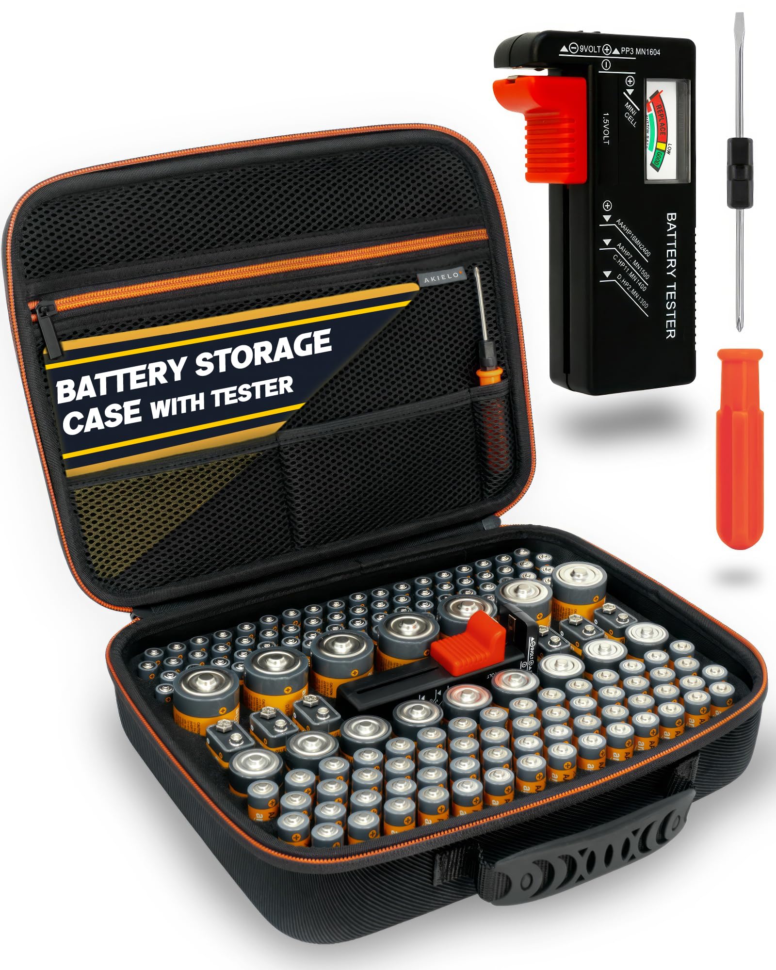 Organizer Batterie con Tester e Cacciavite – Custodia Compatta per AAA, AA, C, D, 9V