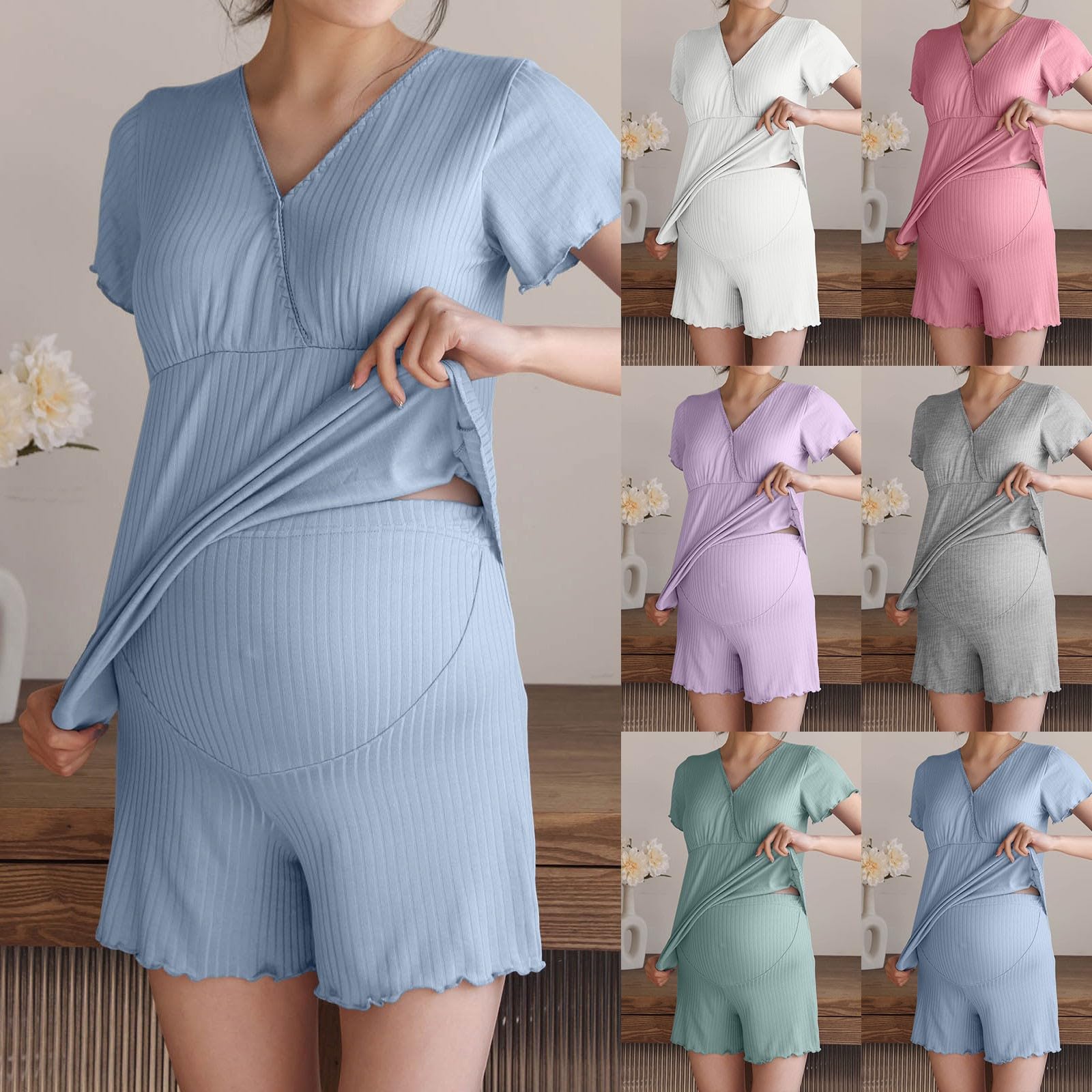 Ensemble pyjama de grossesse à manches courtes pour femme - Respirant - Vêtement de maison - Haut côtelé - Vêtement de grossesse - Taille haute - Pyjama d'allaitement - Short en tissu