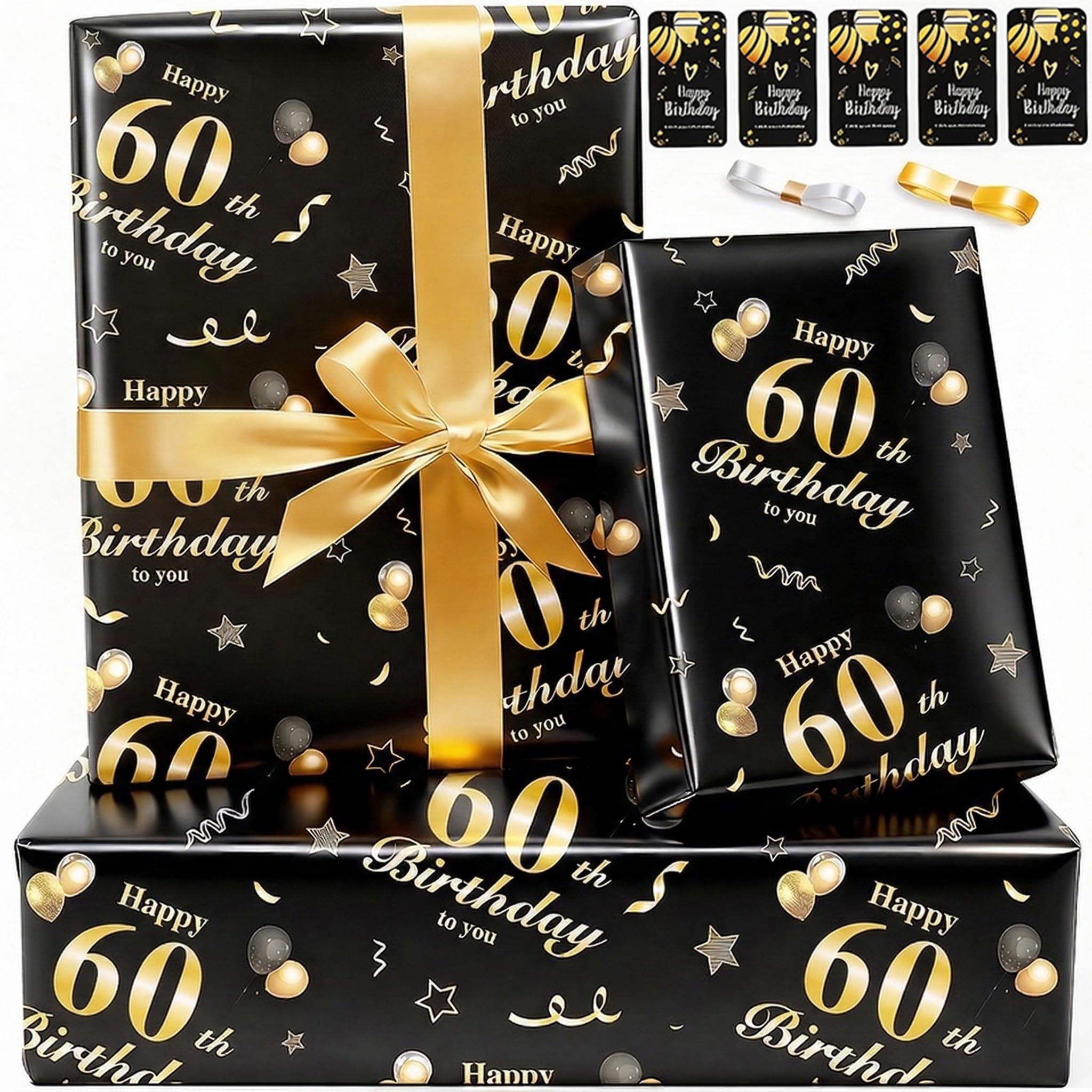 Wrapping Paper 60th Birthday Wrapping Paper Set with Ribbon Tags,Birthday Gift Wrap for Present Birthday Gift Wrapping Paper Birhtday Paper Wrapping for Men Women Pack of 5, Black Gold