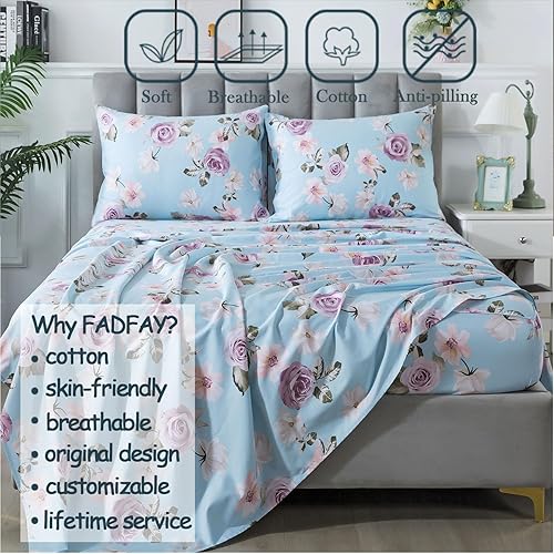 Miniatura 2 de FADFAY Juego de sábanas de algodón percal, tamaño individual, sábana bajera con bolsillo profundo, ropa de cama desgastada con estampado de rosas
