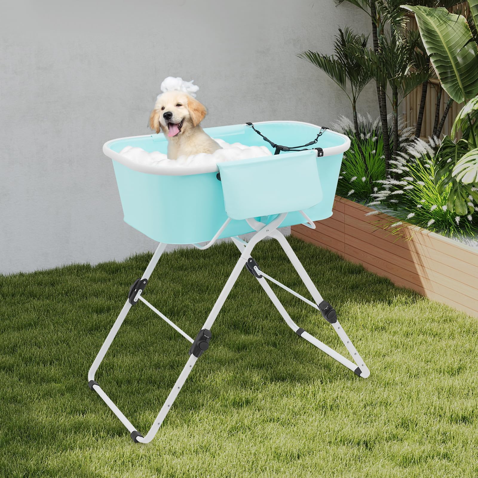 Bañera para Perros MEELRYD, Bañera Elevada para Mascotas, Ajuste de Altura de 70-100cm, Bañera Plegable para Perros con Tubo de Drenaje, para Perros y Gatos Pequeños a Medianos, Máx. hasta 68KG