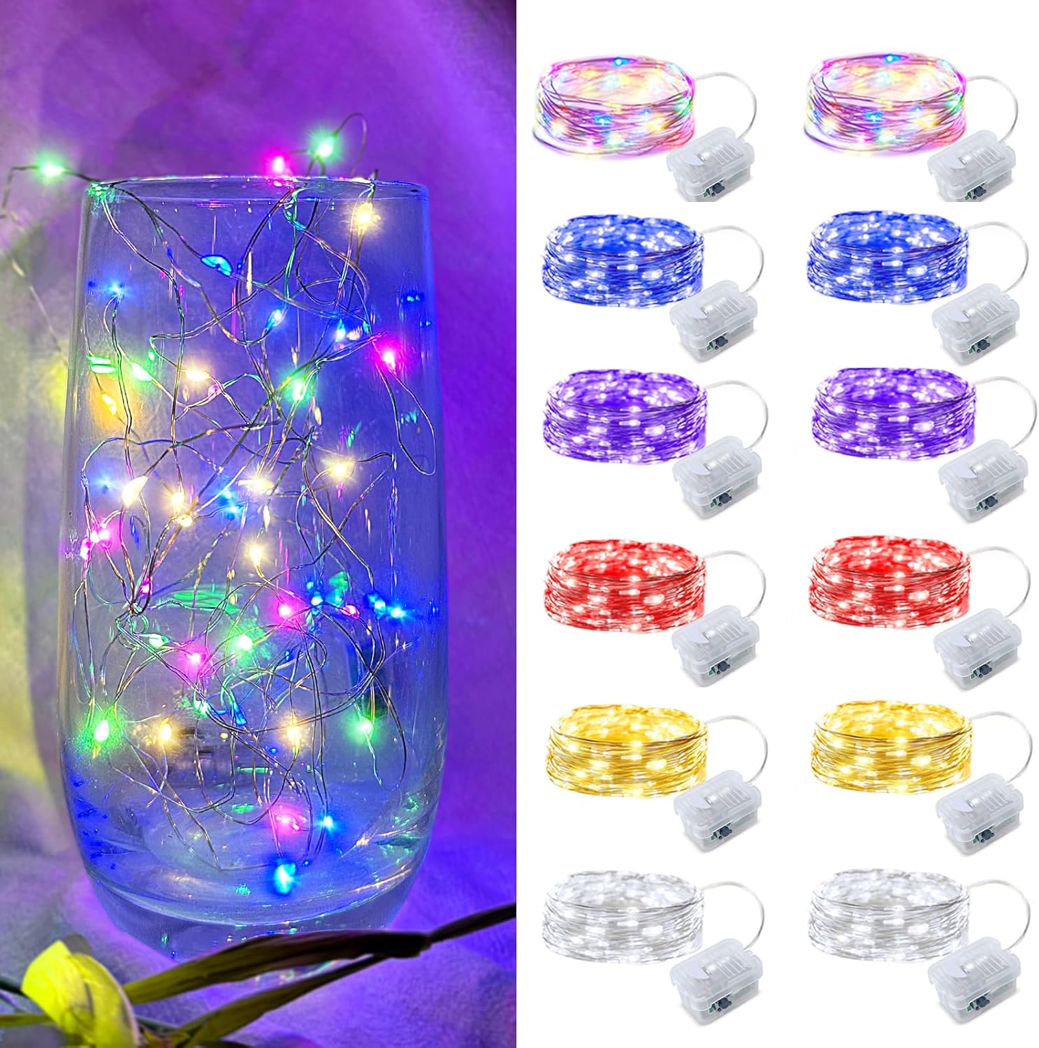 24 Pack Led Fairy Lights - Warm White, Battery Operated LED Silver Wire String Lights, 7FT 20LED Mini Firefly Starry String Lights Waterproof Led Twinkle Lights for Mason Jar DIY Christmas Decor