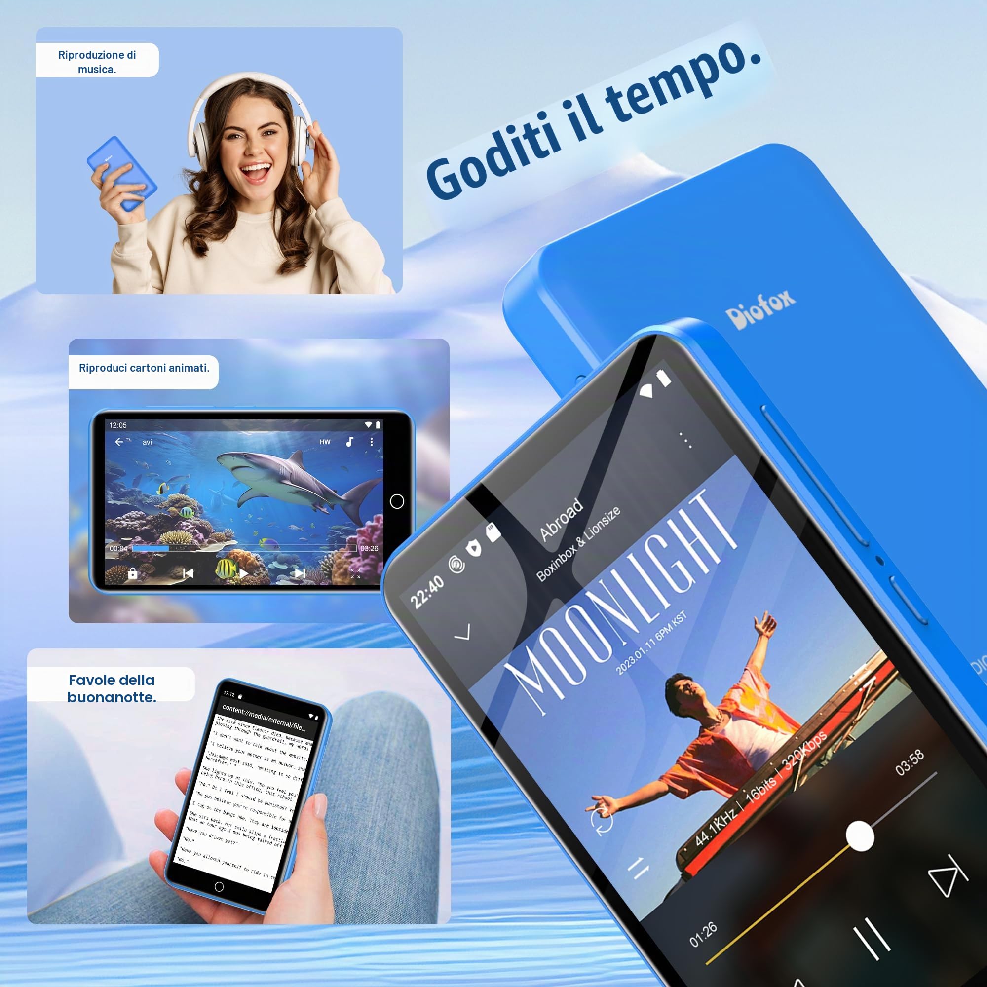 Lettore MP3 Diofox 80GB con Bluetooth e Wi-Fi, Lettore MP3 Android Spotify, Amazon Music, Audible, Lettore MP4 con touchscreen da 4 pollici, Musica in streaming, Play Store, Radio FM, Deezer - Blu