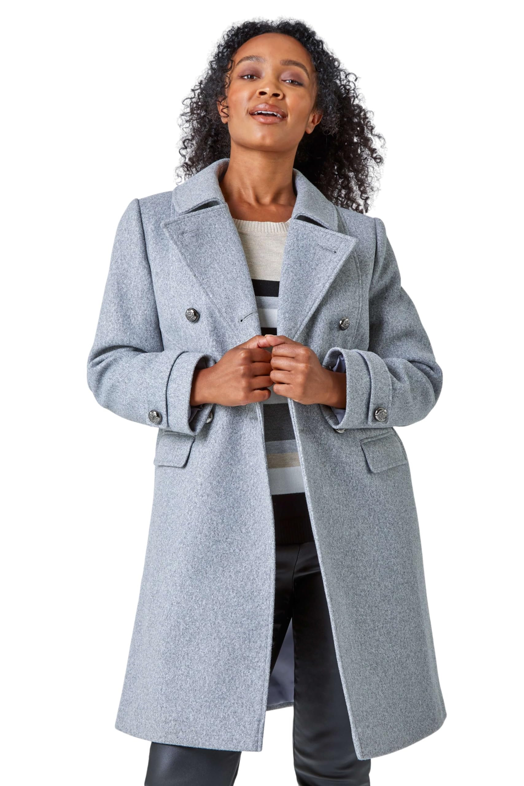 Roman Originals Women's Grey Petite Double Breasted Military Coat For Uk - Everyday Holiday Autumn Winter Long Sleeves Comfy Soft Evening Vacation Work Smart Party - Size 10 Petite