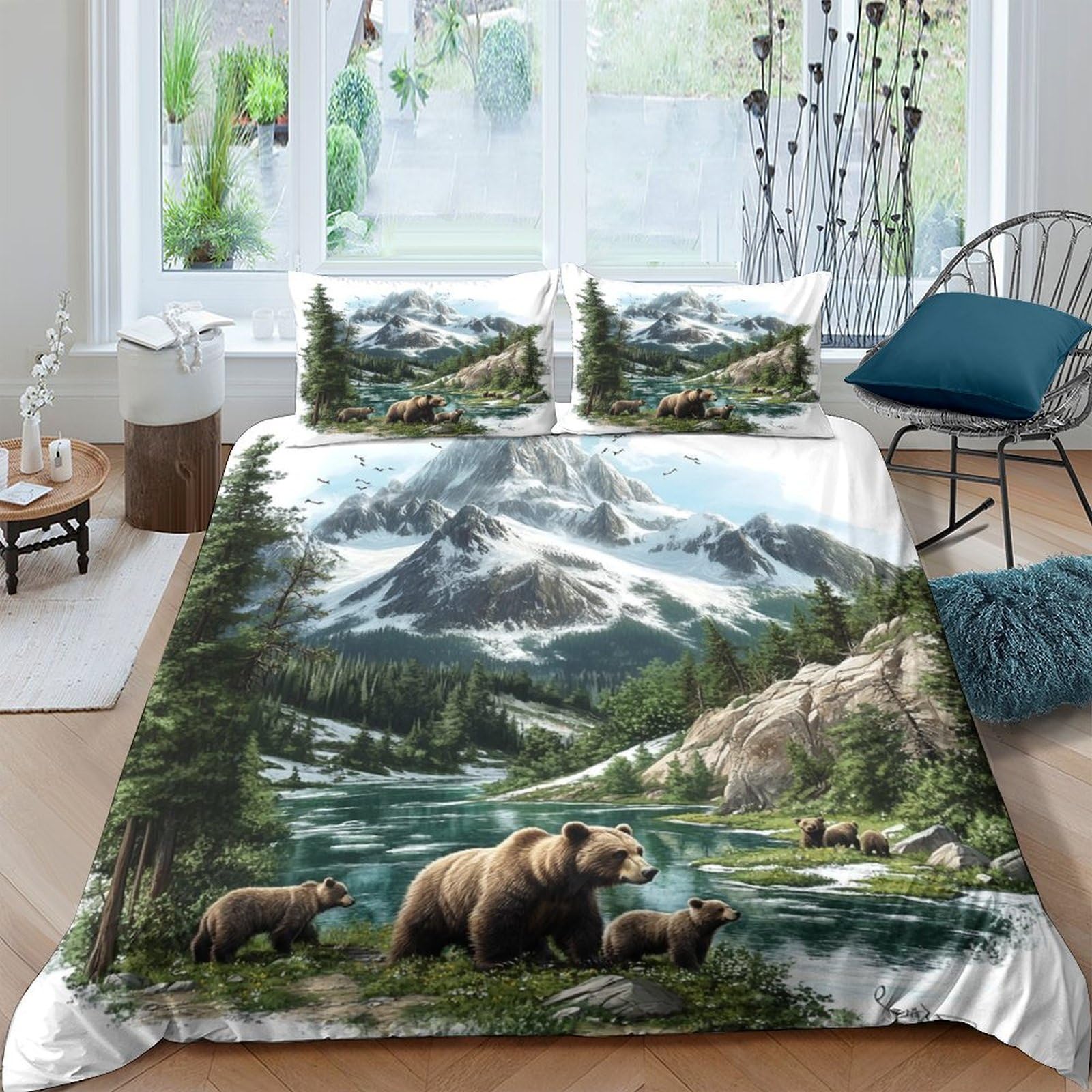 Ctjqhvkz Style-8 3D Printed Mountain Lake Fitted Sheet Microfiber Soft Bear Forest Mattress Cover For Bedroom Guest Room Home Decor Single（135X200cm）