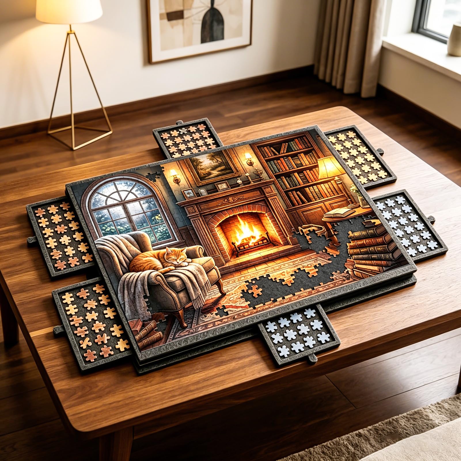 Planche de puzzle 77 x 53,6 cm, table de puzzle 2 en 1 avec 6 tiroirs et support, tapis de puzzle en feutre pour jusqu'à 1000 pièces, planche de puzzle portable pour adultes et enfants, gris