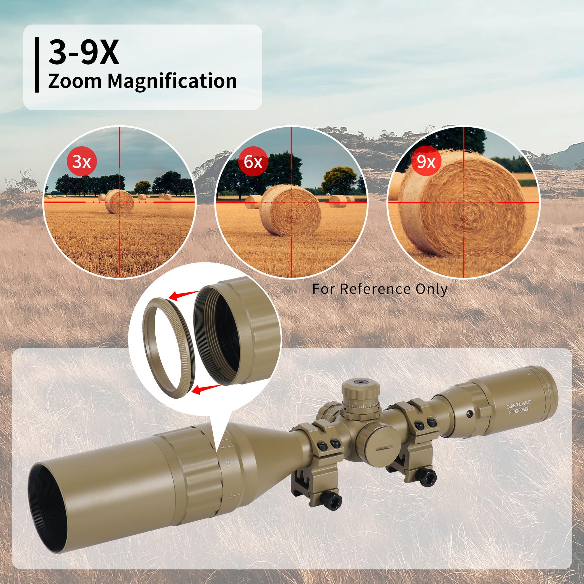 Goetland Gewehr Zielfernrohr 3-9x50 Airsoft Mil Dot Optik R4 Absehen mit Montage Ringe SFP Rot Grün Blaue für Taktische Jagd Luftgewehr Sportschützen