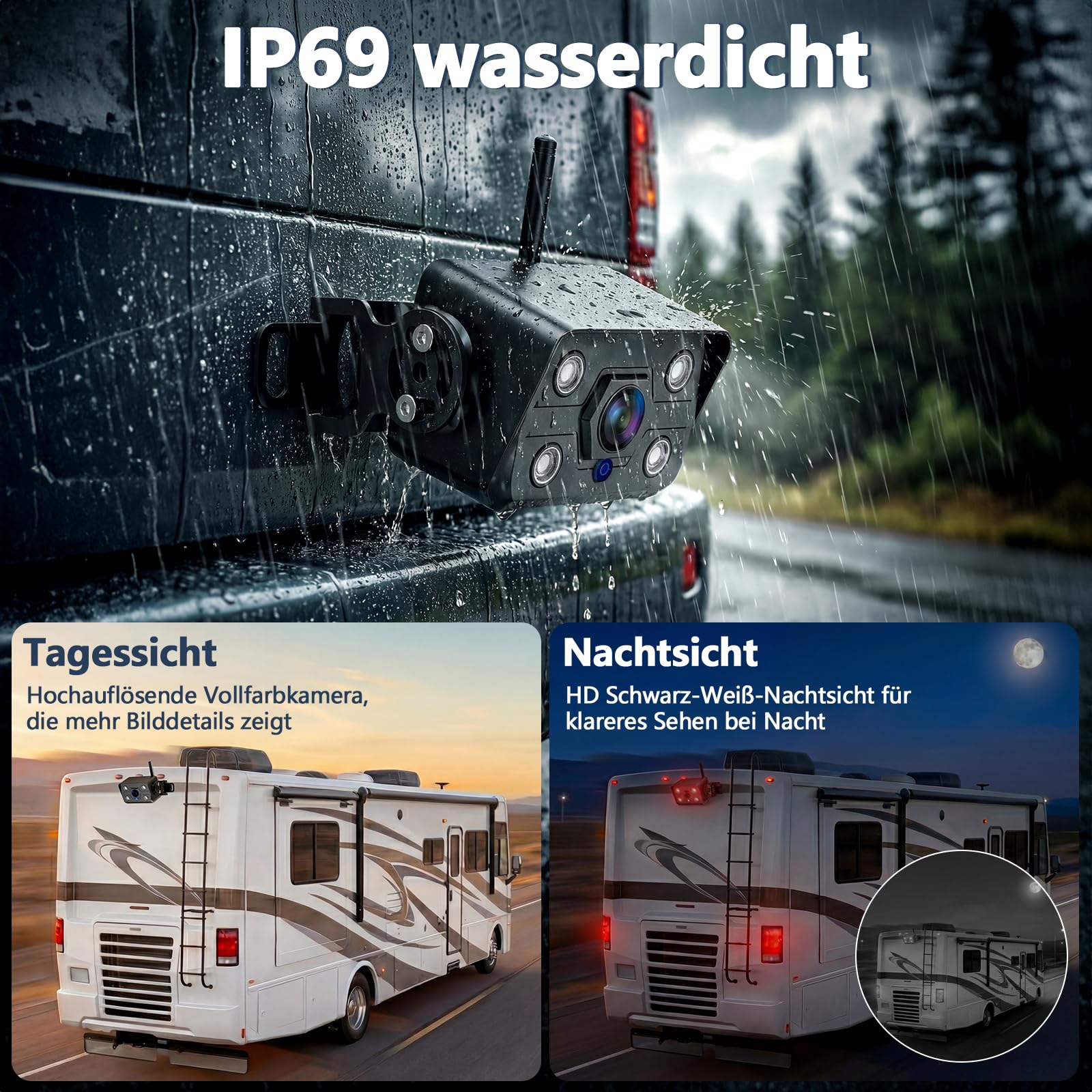 Telecamera Posteriore Senza Fili per Auto con Monitor da 7 Pollici, Visione Notturna 1080P, Impermeabile IP69, Segnali Digitali Stabili, Grandangolare 170° per Camper, Camion, Roulotte(VE-7B)