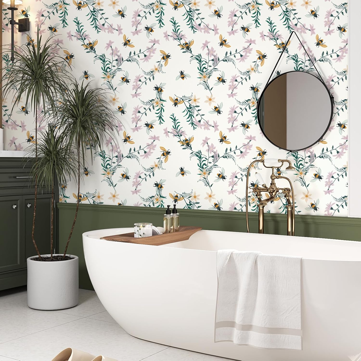 VaryStyle 17.7"x118" Embroidery Floral Wallpaper Beige Bee Floral Peel and Stick Wallpaper Vintage Nature Contact Paper for Cabinets Wall Mural Self Adhesive Removable Wall Paper for Bedroom Nursery