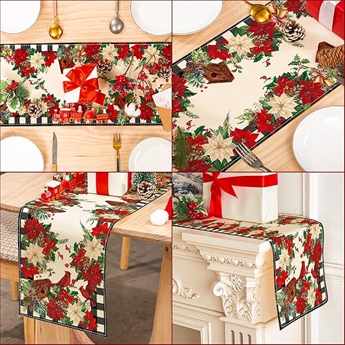 Miniatura 5 de AnyDesign Camino de mesa navideño a cuadros de Navidad cardenal de flor de pascua, cubierta de mesa de cocina, decoración de mesa de comedor para