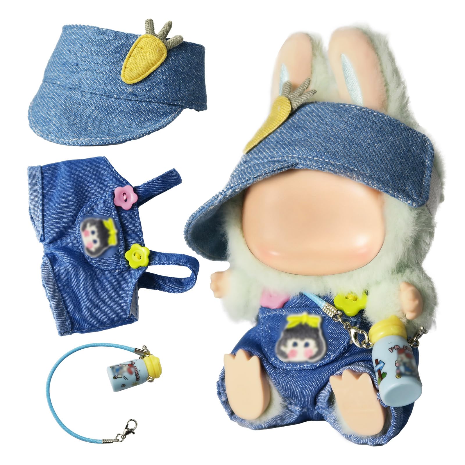 Cloth for Doll, 3-Piece Denim Overalls Set for 17cm &amp;15cm(NO Doll) – Flower-Button Overalls + Carrot Hat + Pastel Blue Water Bottle-Handmade