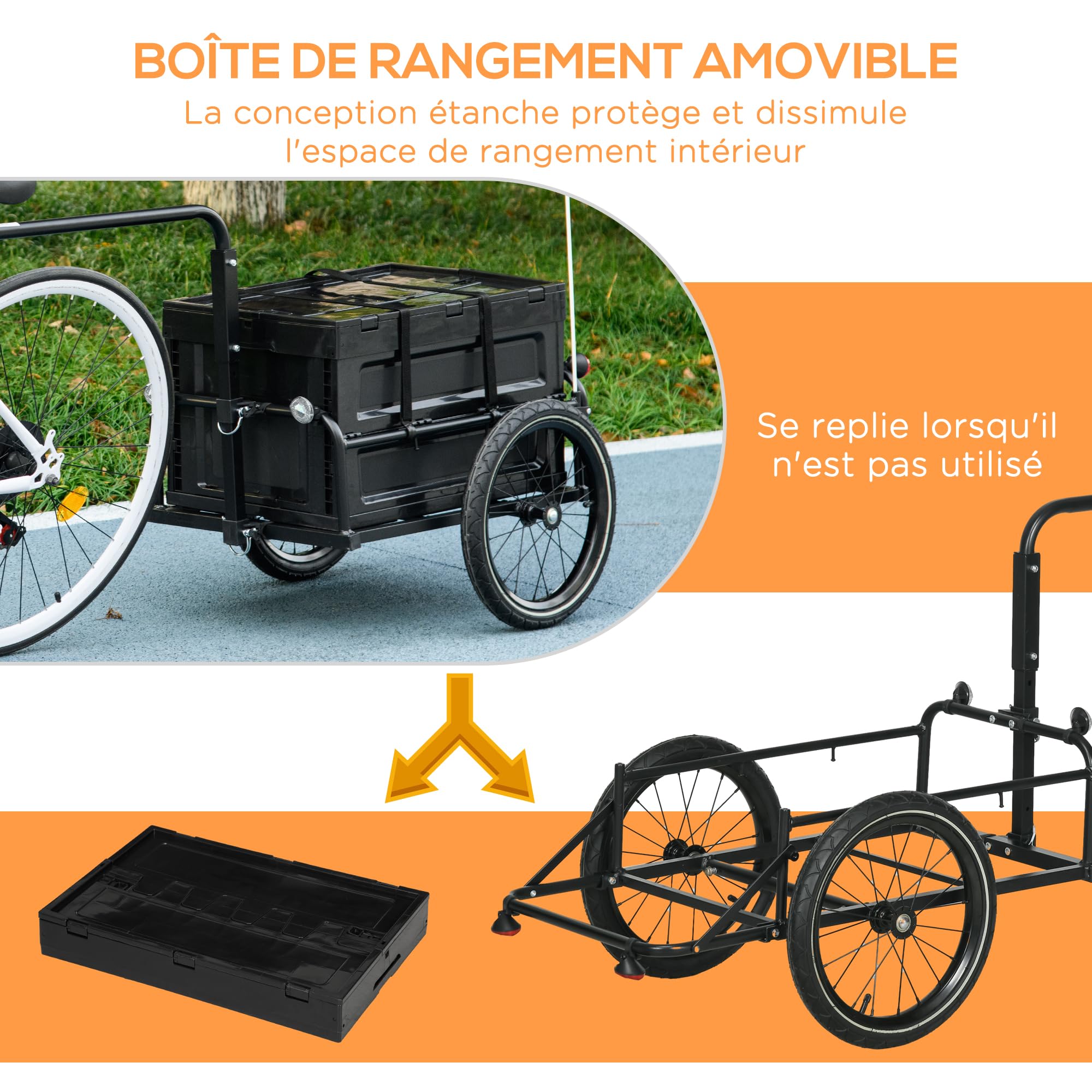 HOMCOM Rimorchio Carrello da bicicletta con vano portaoggetti rimovibile e pieghevole da 65 l, pneumatici e riflettori di sicurezza, carico massimo di 40 kg