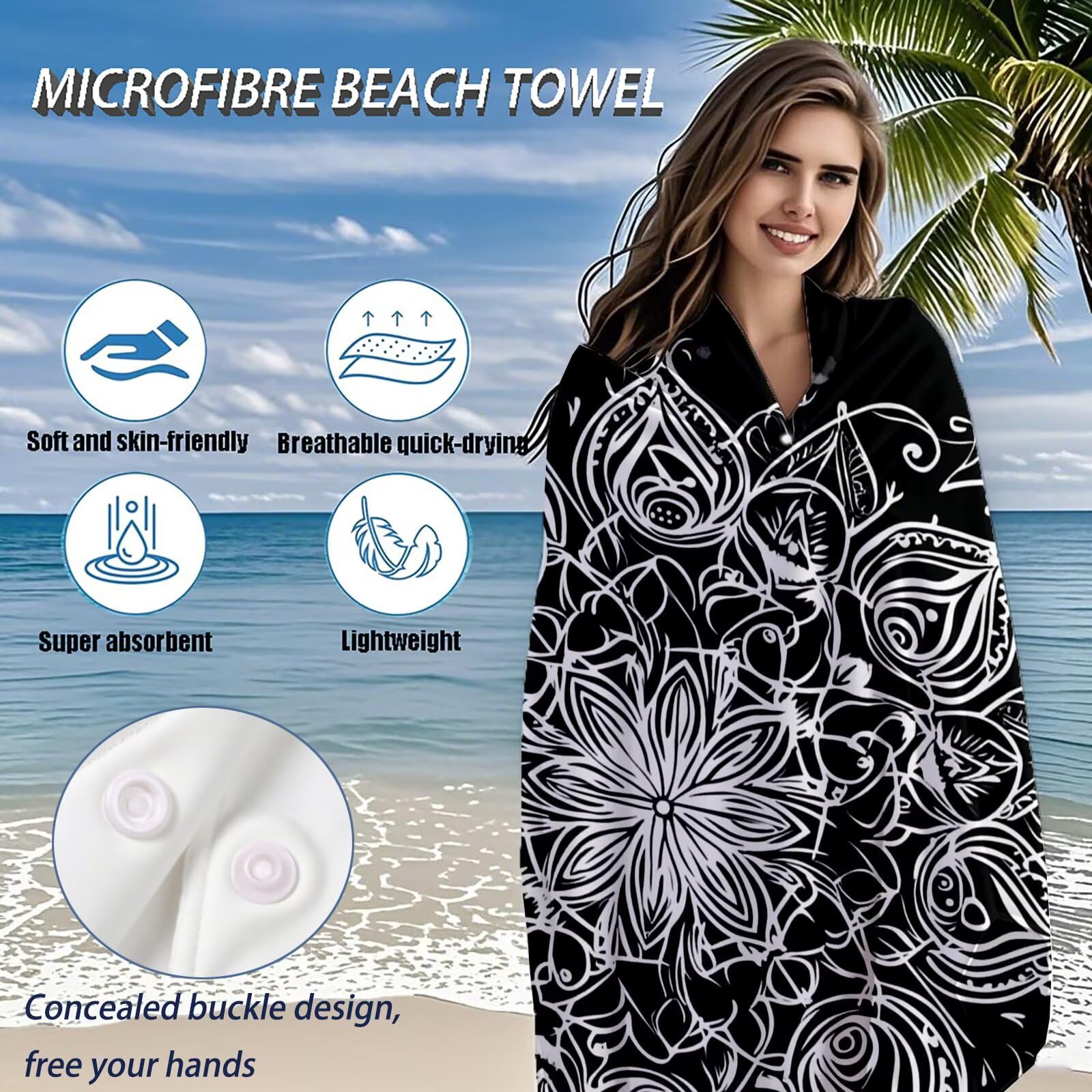 Toallas de Playa Microfibra Negro Toalla Playa Grande 180x90 cm Mujer Hombre Secado Rápido Absorbente Toallas Gimnasio Suave Sin Arena Ligera Toalla Microfibra para Playas Piscina Viajes Camping Q-774