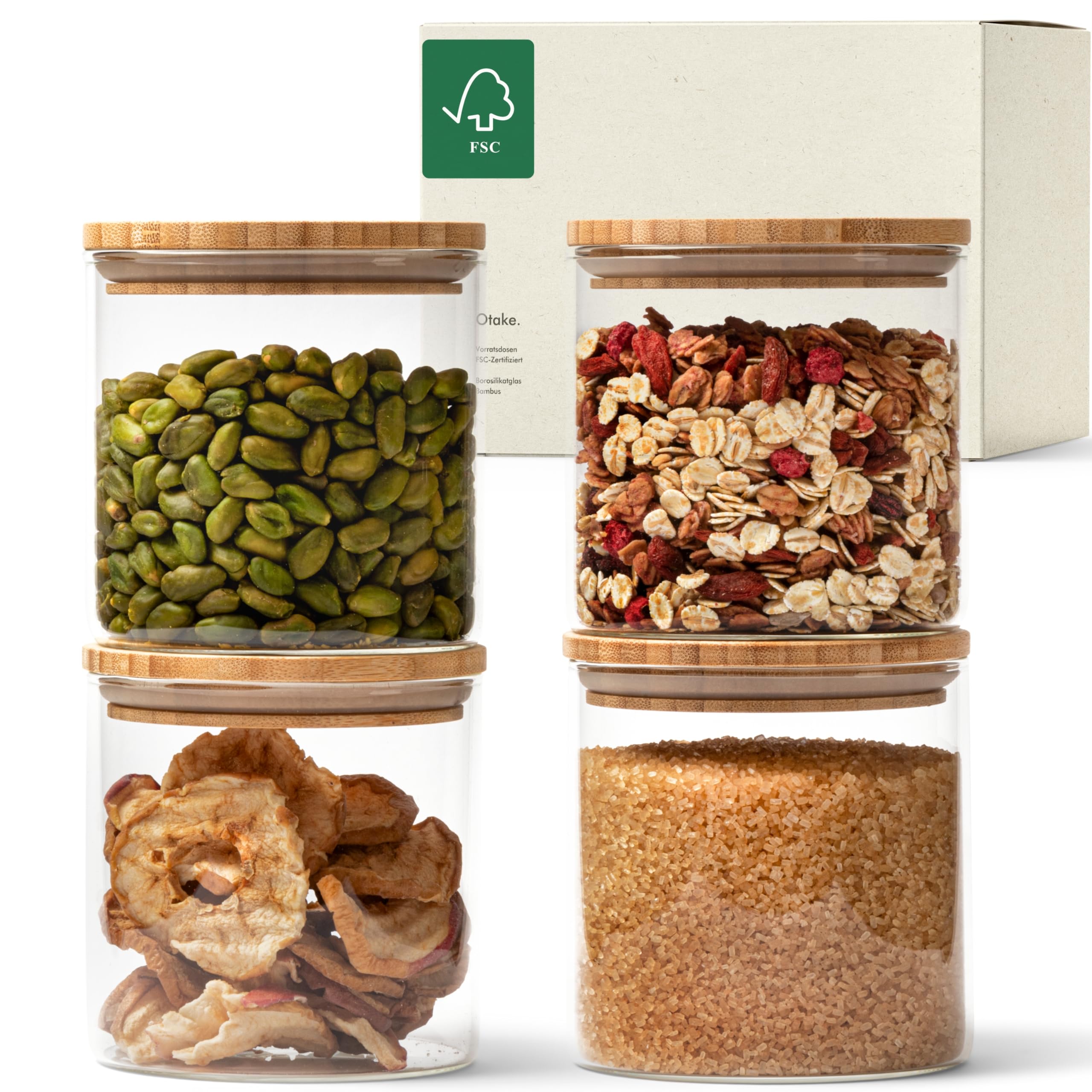 KIVY Storage Jars with Lids - 4 x 600 ml - Small Storage Jars with Bamboo Lid - Glass Storage Jars with Lid - Storage Jars Wooden Lid - Storage Jars with Lid - Glass Container