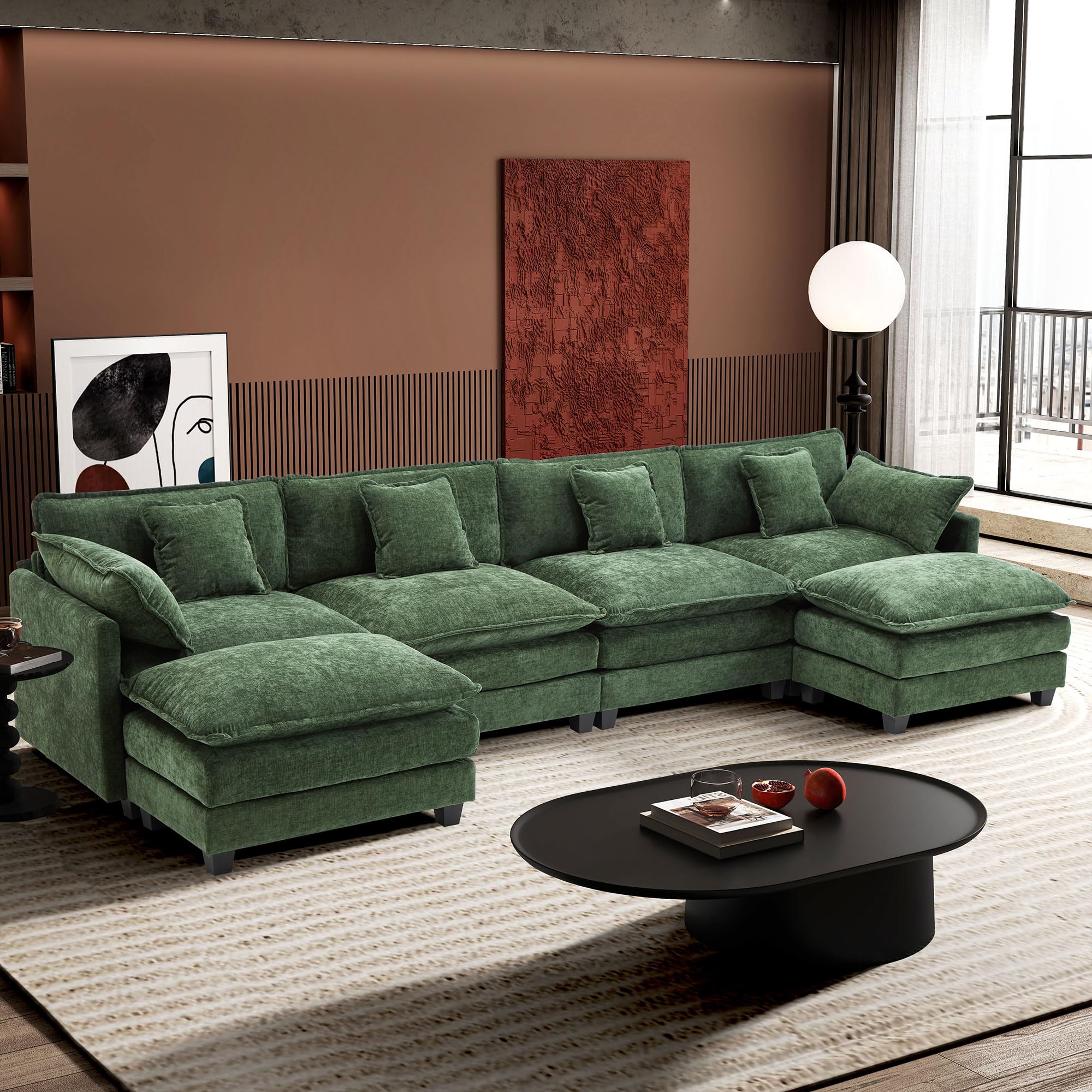 Ihanherry 146" U-Shaped Modern Sofa Modular Sectional Cloud Couch with 2 Ottoman, 6-Seat Chenille Deep Seat Sofa with 6 Pillows for Living Room,