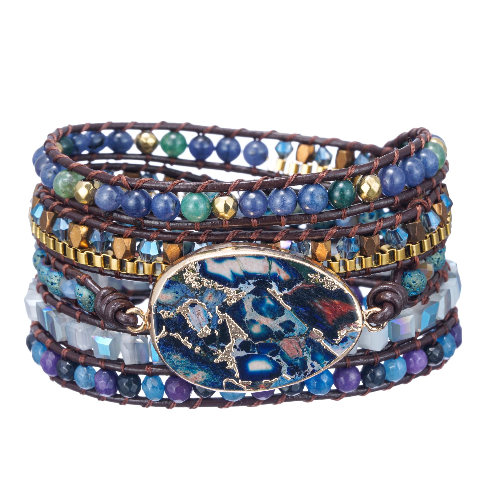 Plumiss Women Boho Handmade Natural Stone Crystal Leather Bead Wrap Bracelets Collection