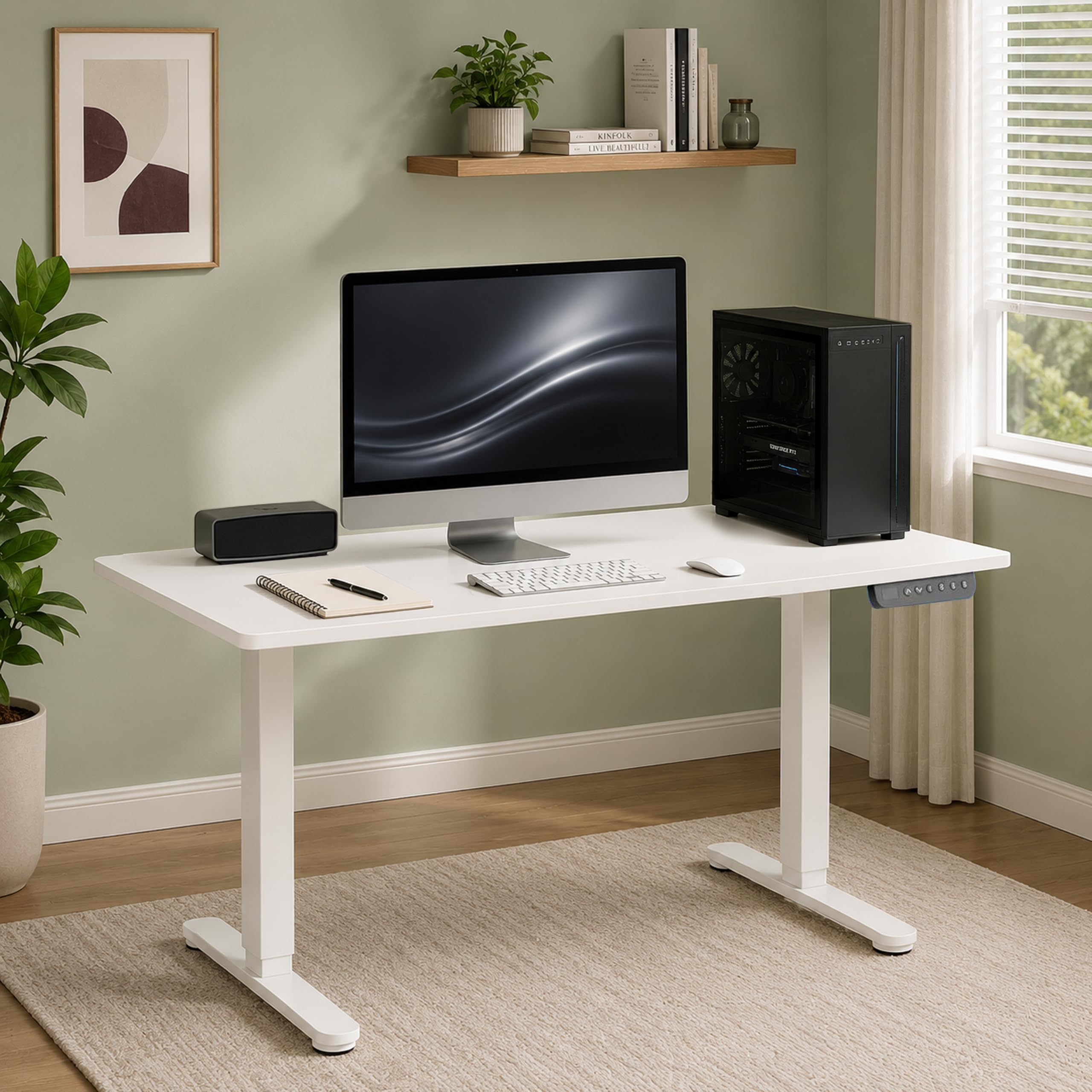 White Mulberry Height Adjustable Table For Office Work | Electric Standing Desk 120x60cm White | Motorized Sit Stand Desk With Digital Screen & Memory Presets | White Ergonomic Home Office Workstation