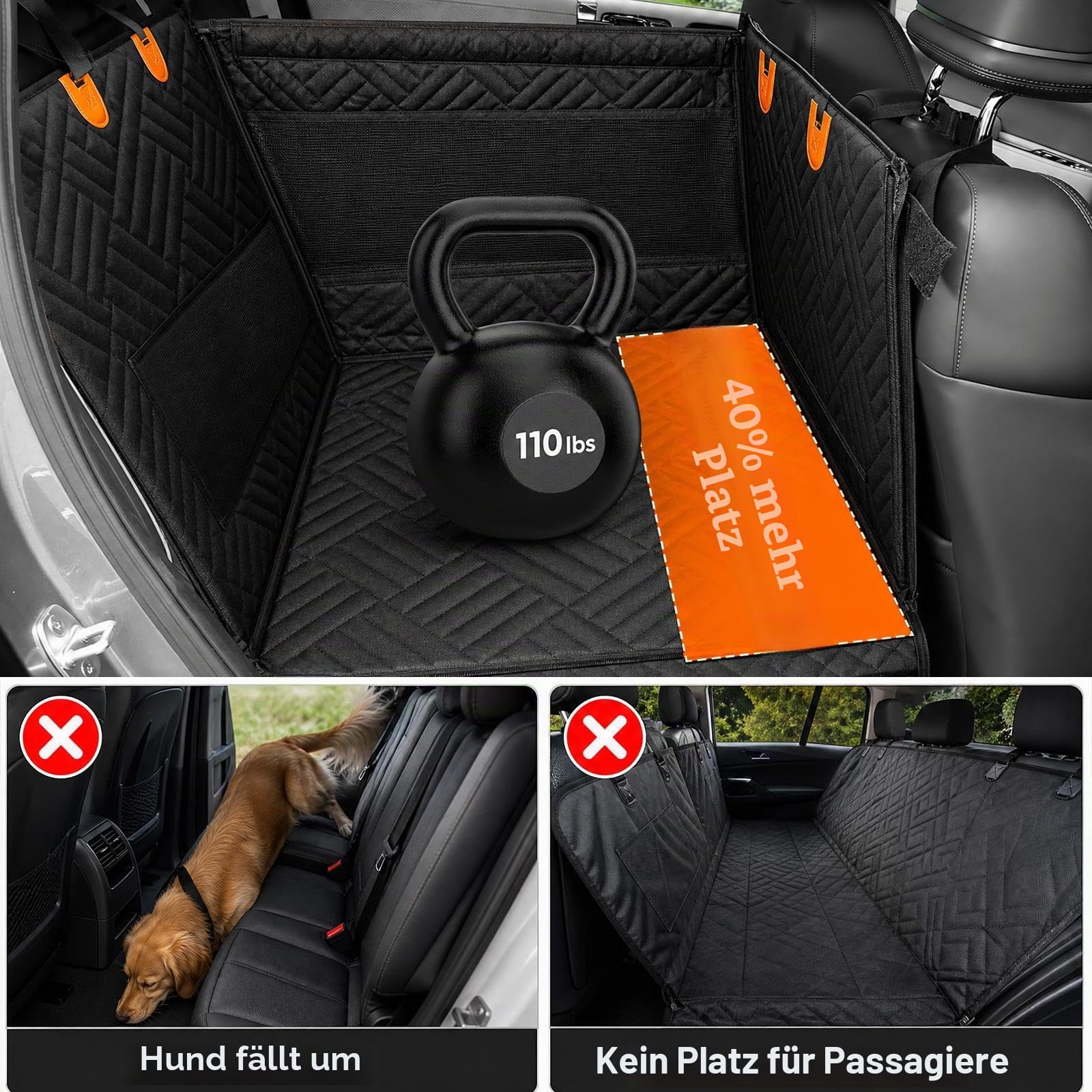 Hundesitz Auto für mittelgroße & große Hunde, wasserdichter Rücksitzverlängerer mit Hartboden, Sicherheitsleine & Mesh-Fenster, Tasche – für Auto SUV Truck, 72x56x50cm