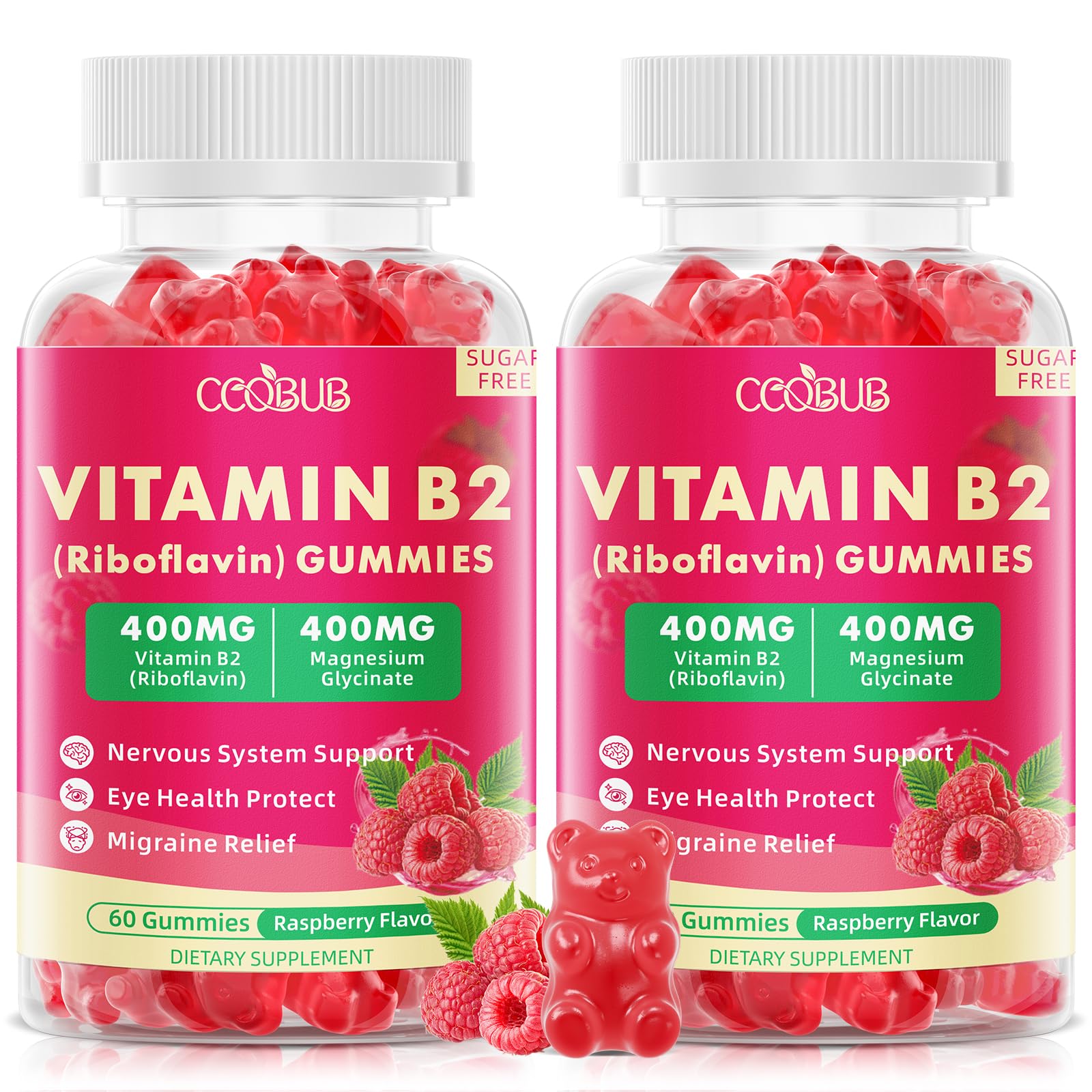 Vitamin B2 Gummies, Riboflavin 400mg Supplement with Magnesium, 120 Count 60 Count (Pack of 2)