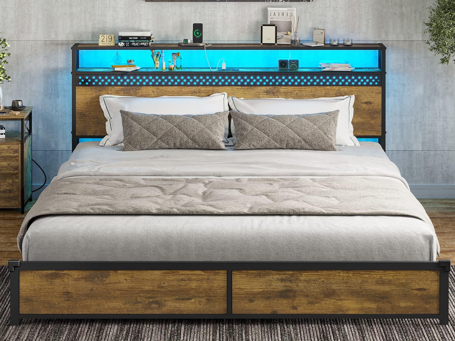 ADORNEVE LED King Bed Frame with USB Ports & Outlets, Metal
