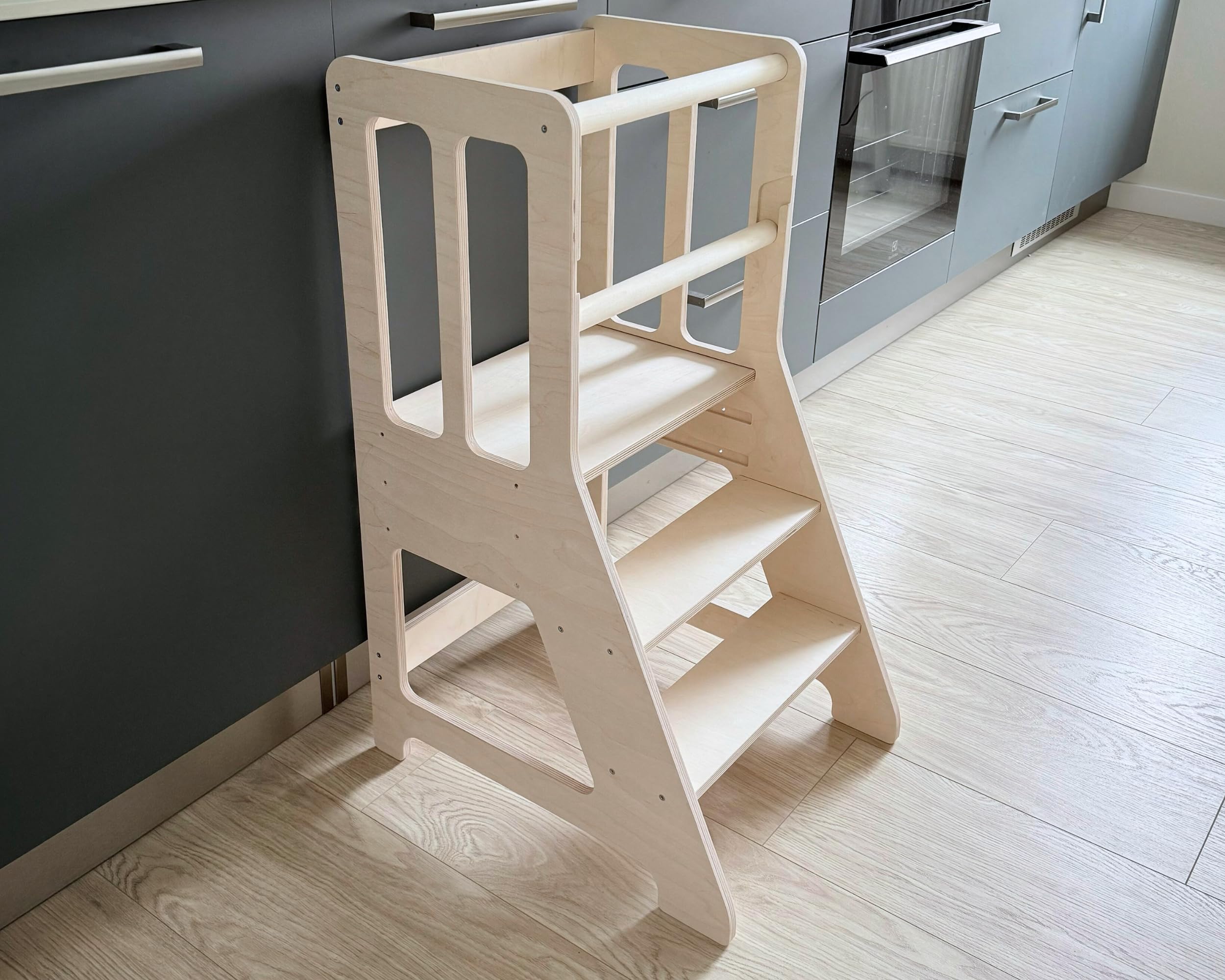 Montessori - Torre de aprendizaje para niños pequeños, taburete de cocina ajustable de 3 niveles, madera contrachapada de abedul báltico, no tóxica, barra de seguridad extraíble, torre
